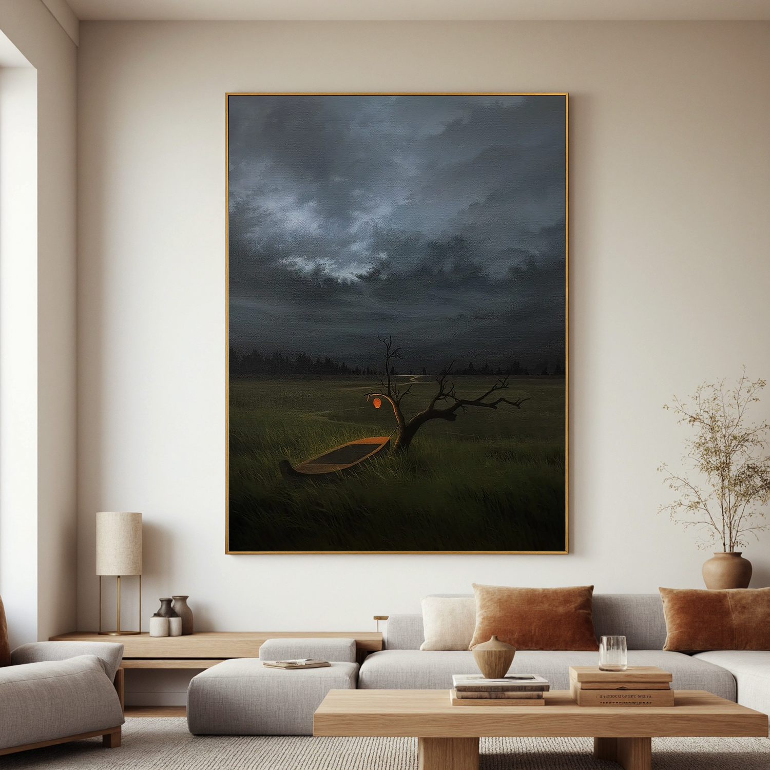 Moody Stormy Landscape Wall Art with Glowing Lantern and Boat, Surreal Lone Tree Meadow Canvas for Living Room Decor #OA 0738