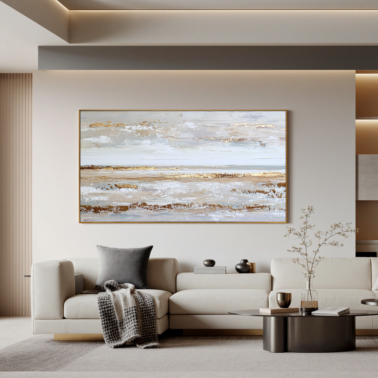 Large Coastal Abstract Canvas Wall Art – Textured Neutral Beige Ocean Landscape Painting for Living Room Decor#OA 0859