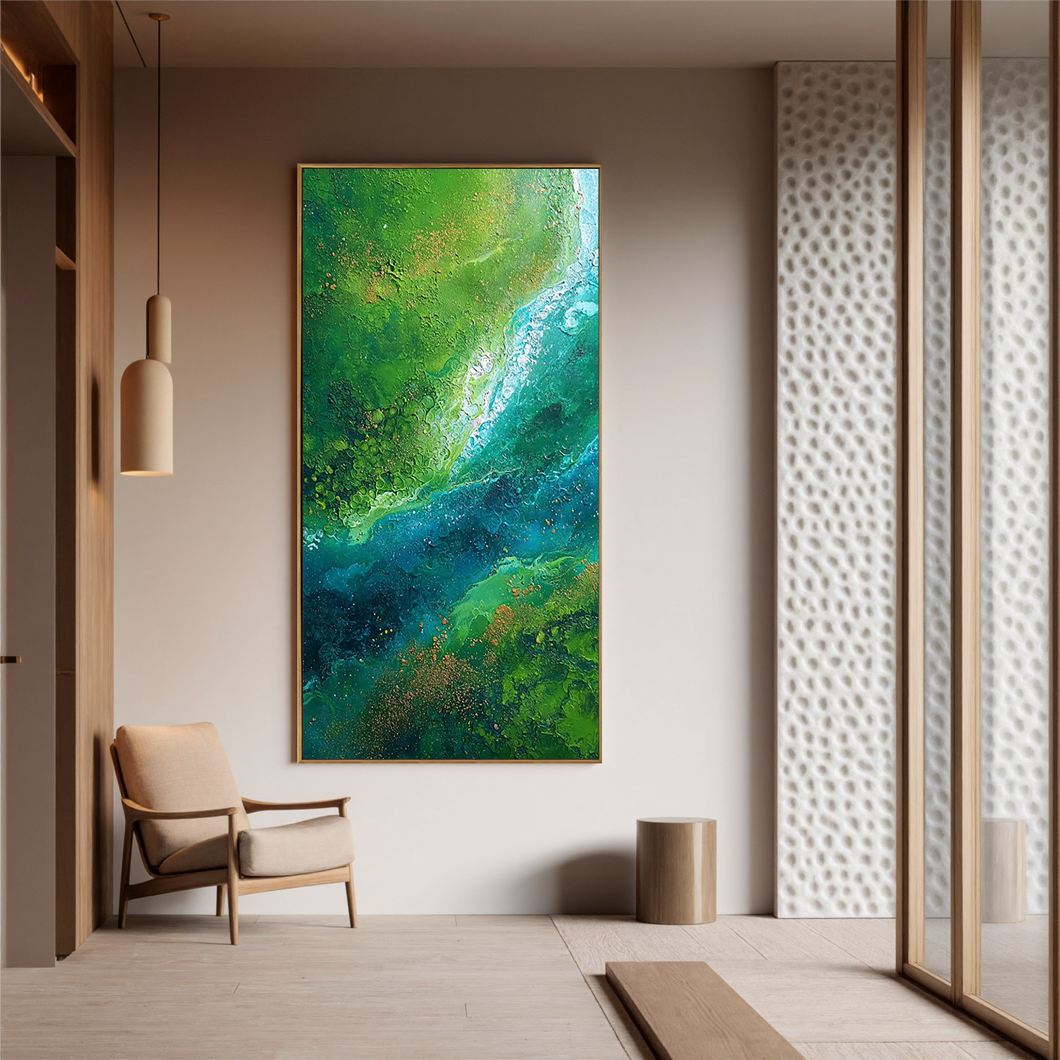 Green and Blue Abstract Oil Painting, Textured Nature Wall Art for Living Room Decor #OA 0599