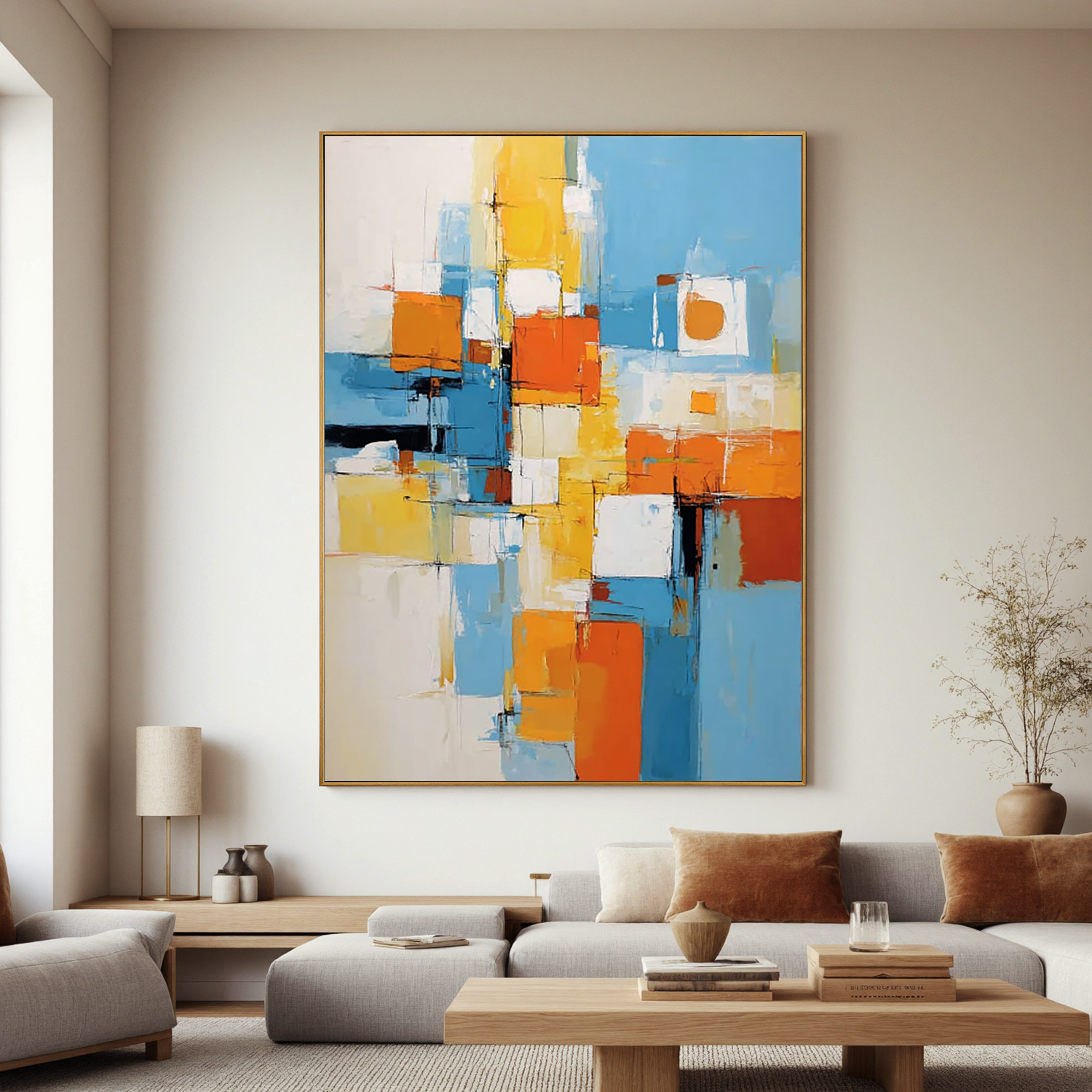 Blue and Orange Abstract Oil Painting, Modern Geometric Wall Art for Living Room Decor#OA 0535