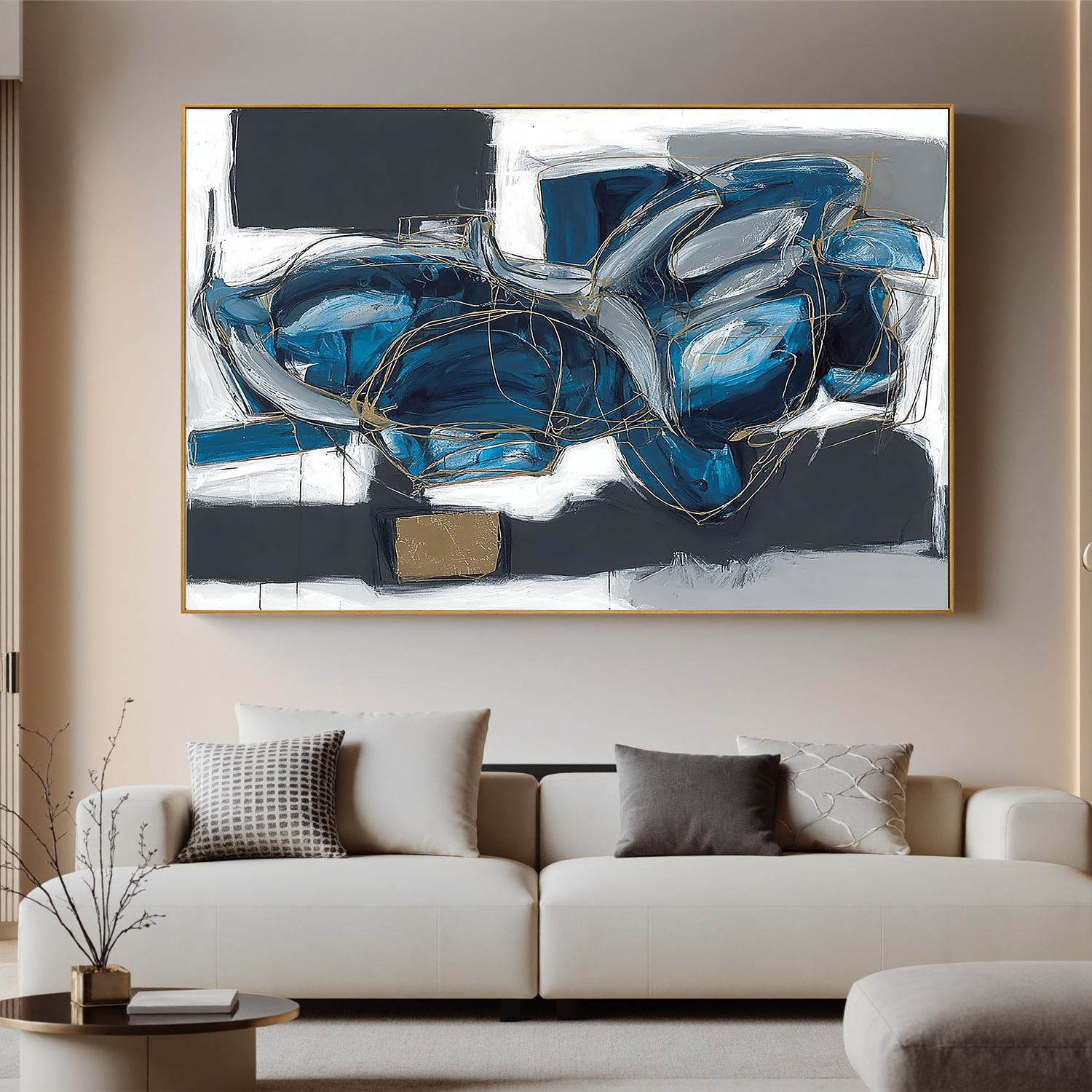 Blue Abstract Wall Art, Modern Black White and Gold Line Canvas Painting for Living Room Décor #OA 0418