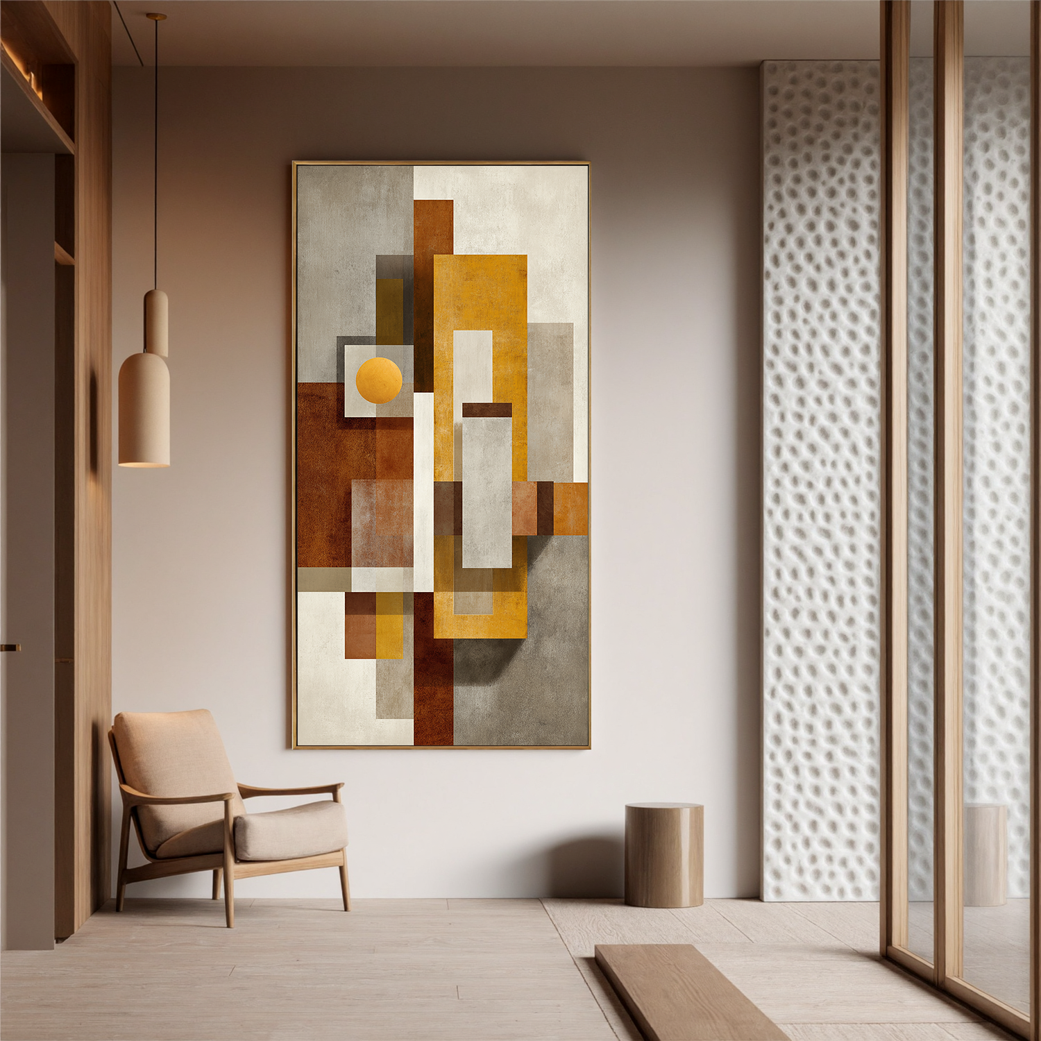 Mid Century Modern Geometric Abstract Canvas Wall Art – Vertical Neutral Beige Mustard Yellow Painting for Entryway Living Room Decor#OA 0867