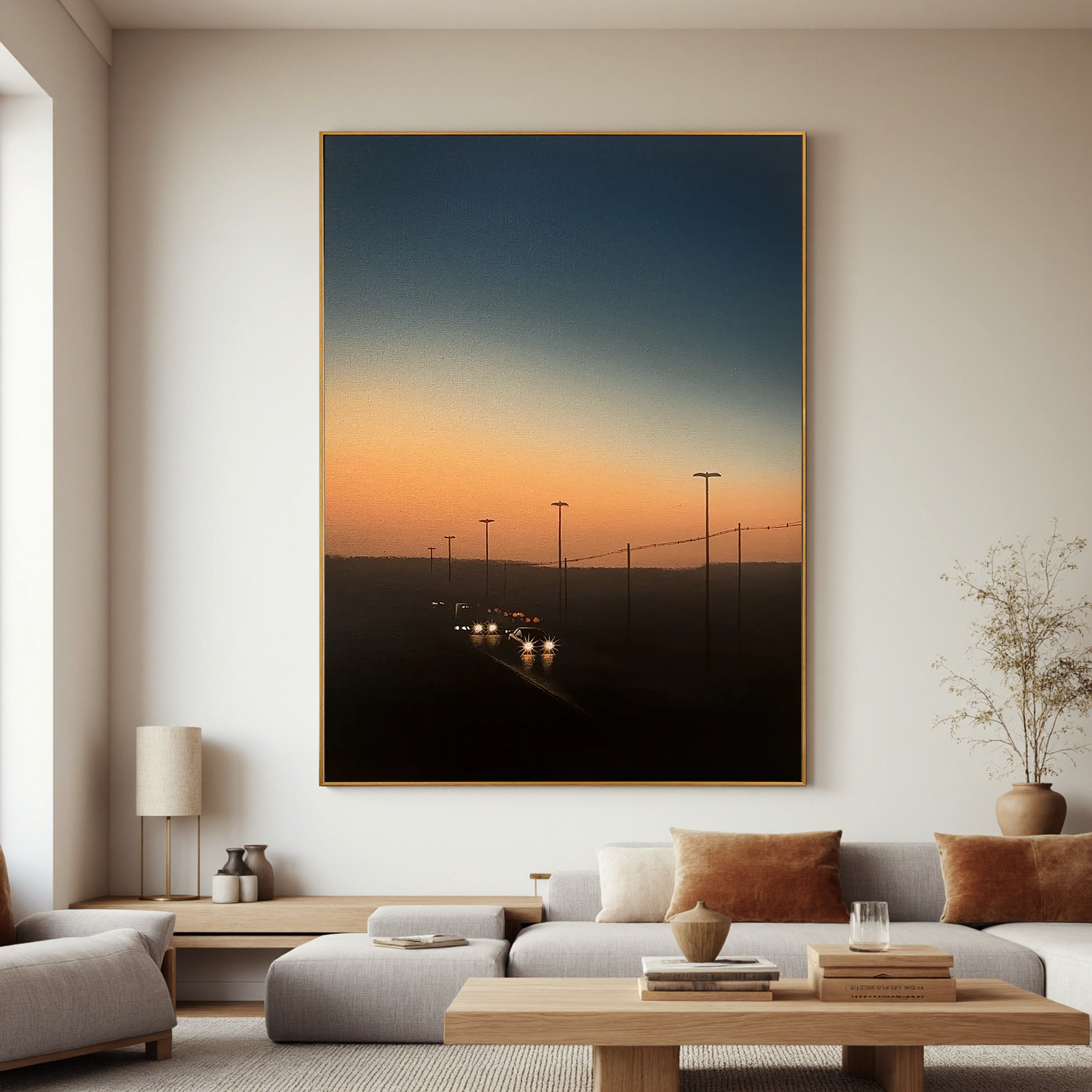 Sunset Highway Wall Art with Car Lights, Cinematic Dusk Road Landscape Canvas for Modern Living Room Decor #OA 0751