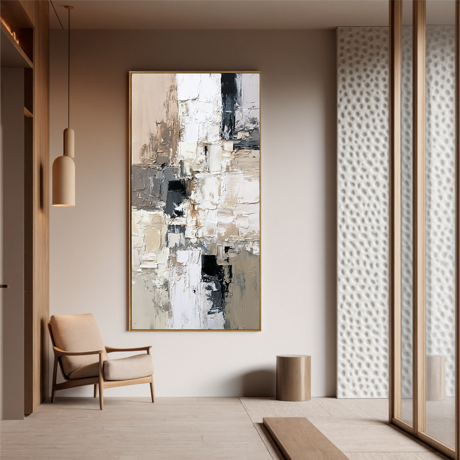 Vertical Neutral Abstract Canvas Wall Art – Textured Black White Beige Painting for Modern Home Decor#OA 0875
