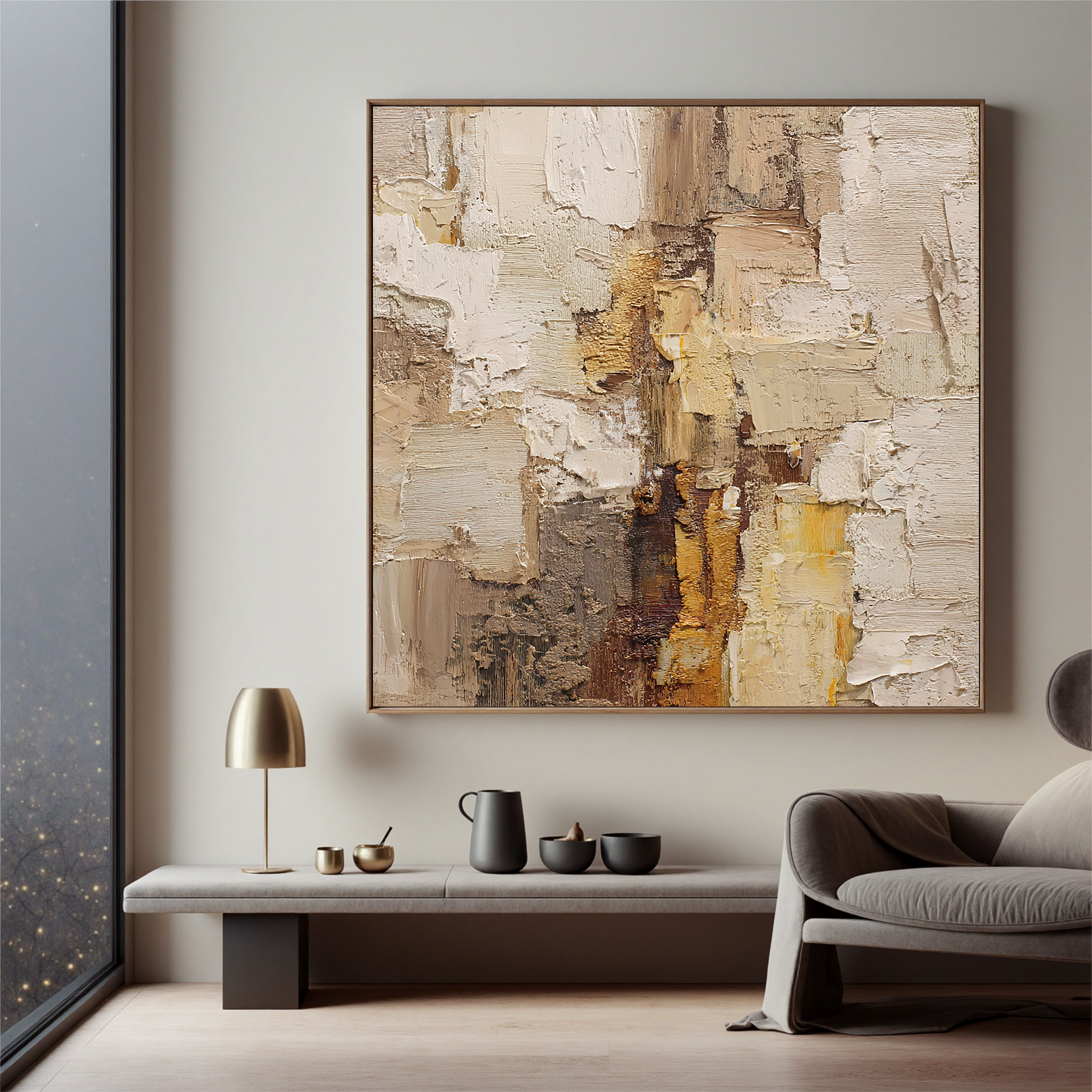 Warm Neutral Textured Abstract Wall Art – Beige and Gold Canvas Painting for Modern Living Room Decor#OA 824