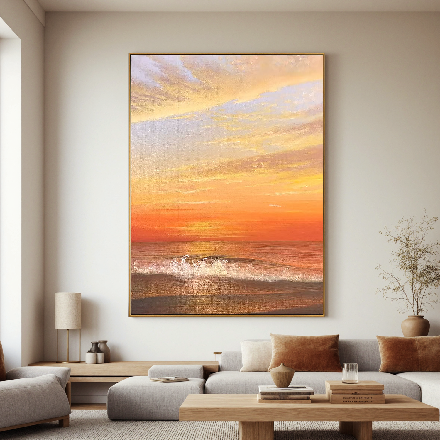 Golden Ocean Sunset Wall Art, Seascape Canvas Painting with Waves for Living Room and Bedroom Decor #OA 0775
