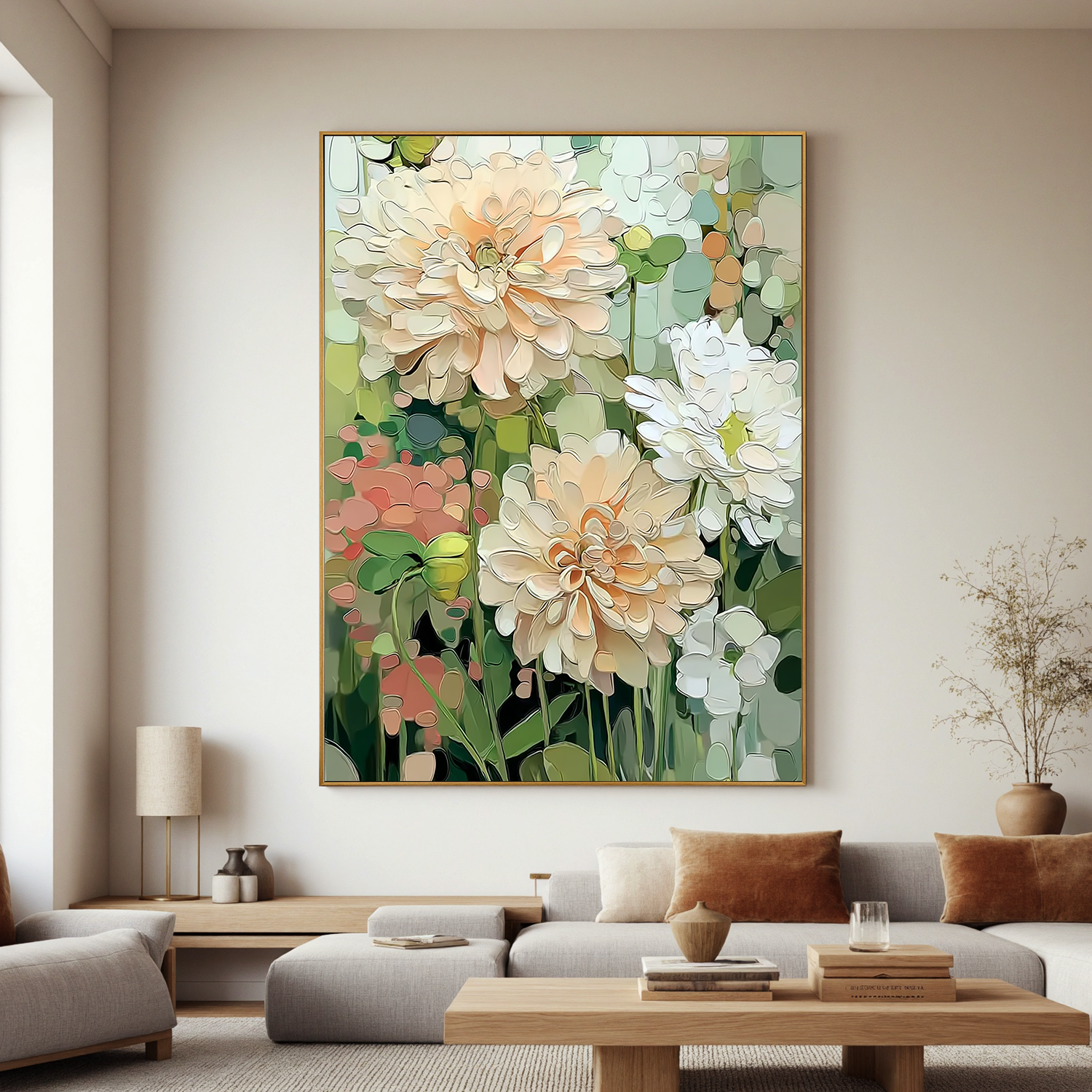 Soft Floral Oil Painting, Neutral Garden Flower Wall Art for Living Room Decor#OA 0523