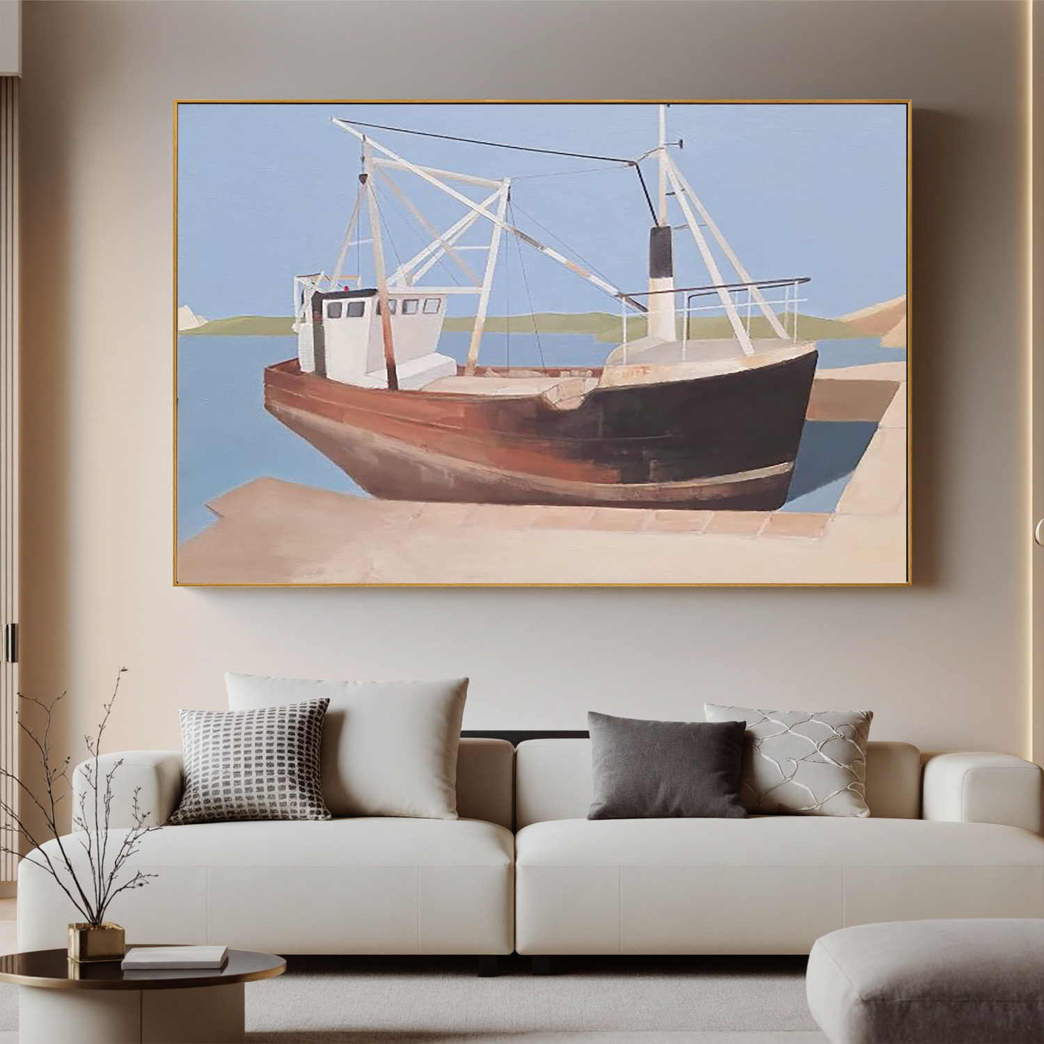 Harbor Fishing Boat-Coastal Fishing Boat Landscape Wall Art
