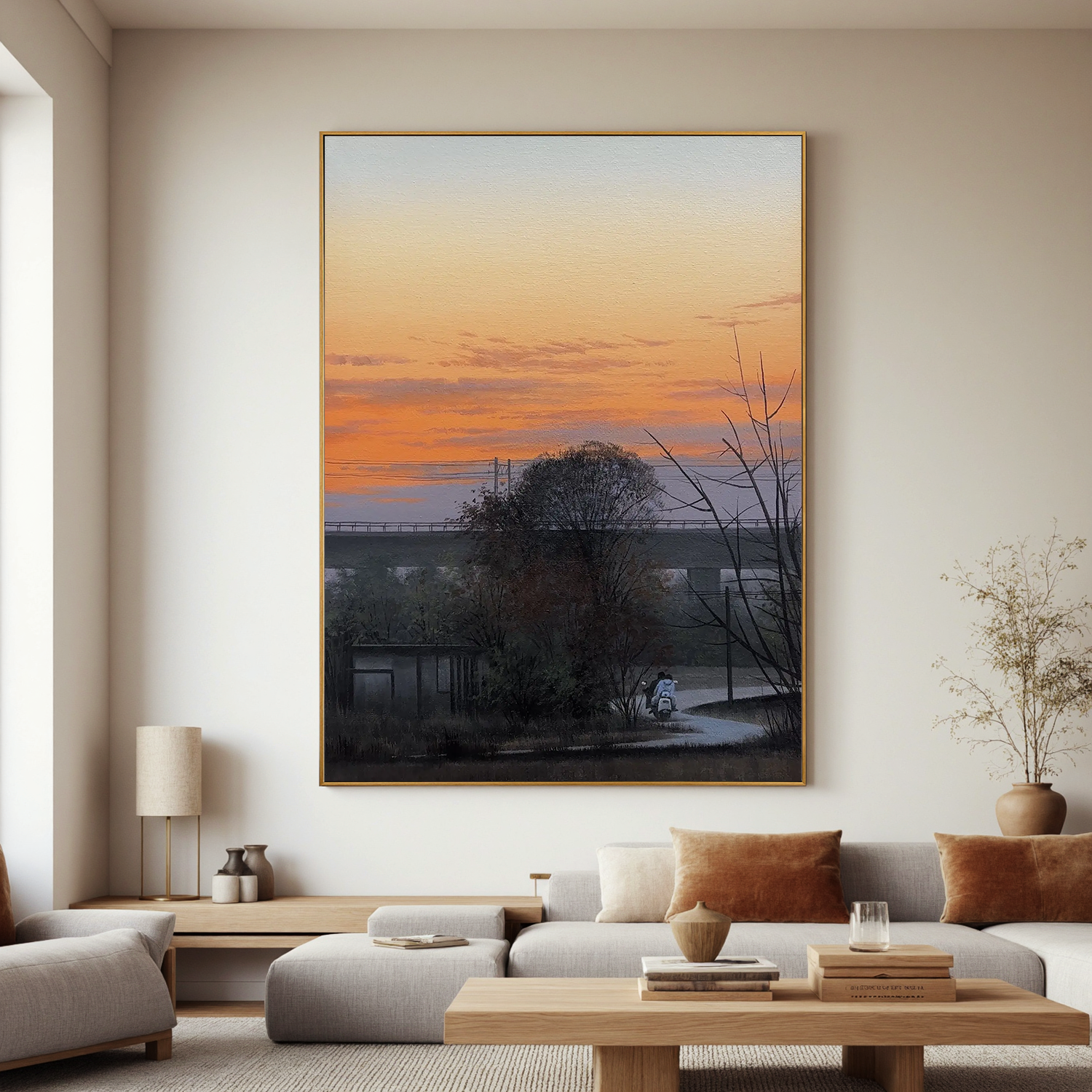Countryside Sunset Landscape Wall Art with Bridge and Figure, Serene Nature Canvas Painting for Living Room Decor #OA 0757