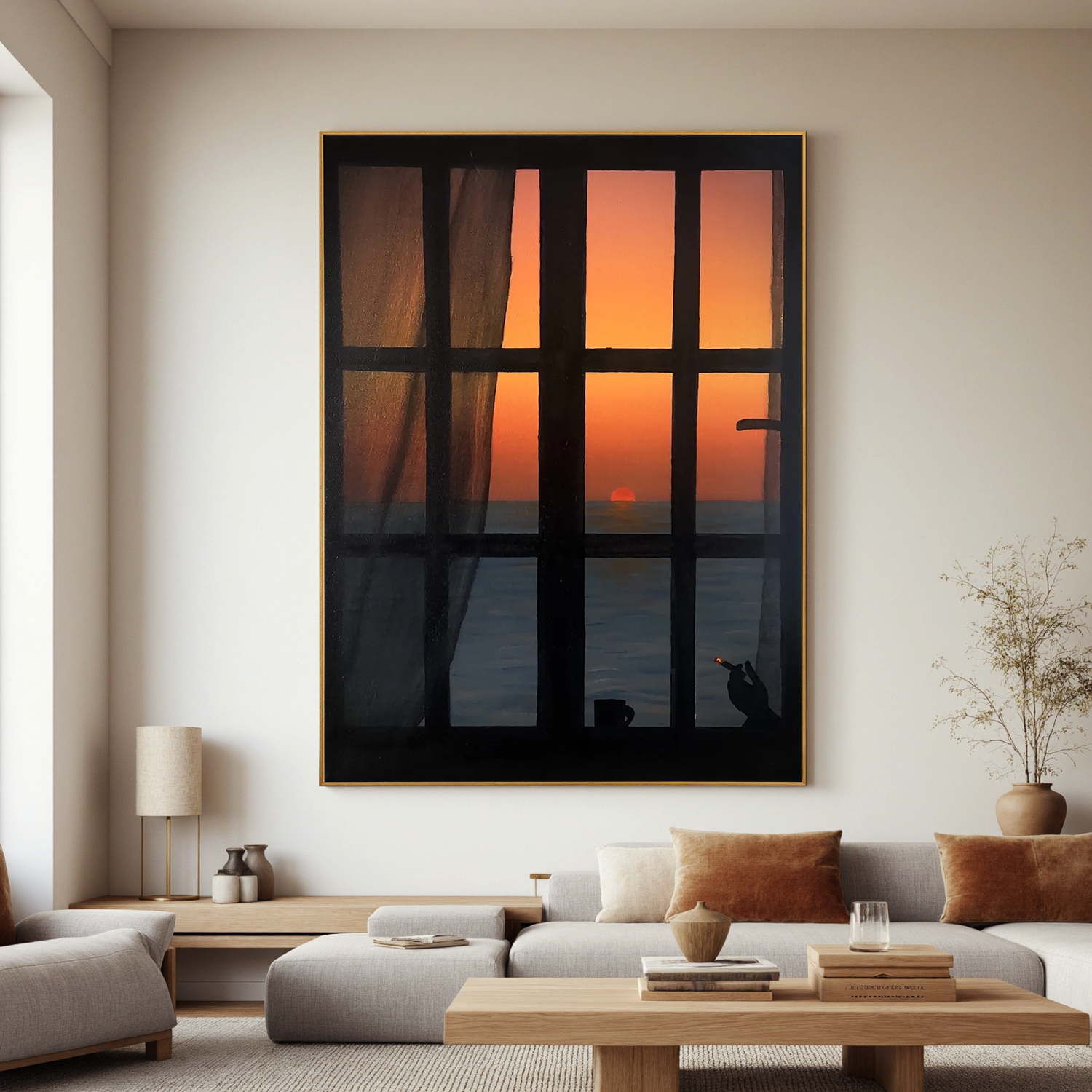 Ocean Sunset Window View Wall Art, Silhouette Interior Scene Canvas, Romantic Seascape Painting for Living Room Decor #OA 0756