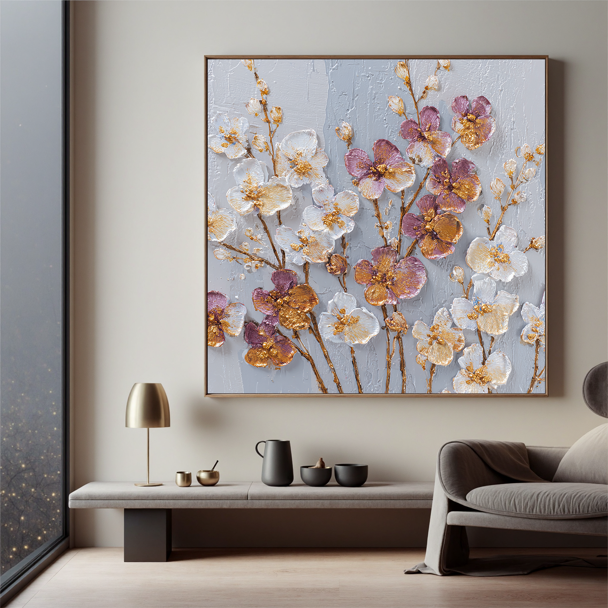 Luxury Floral Canvas Wall Art – White & Purple Flowers with Gold Texture for Elegant Home Decor#OA 0849
