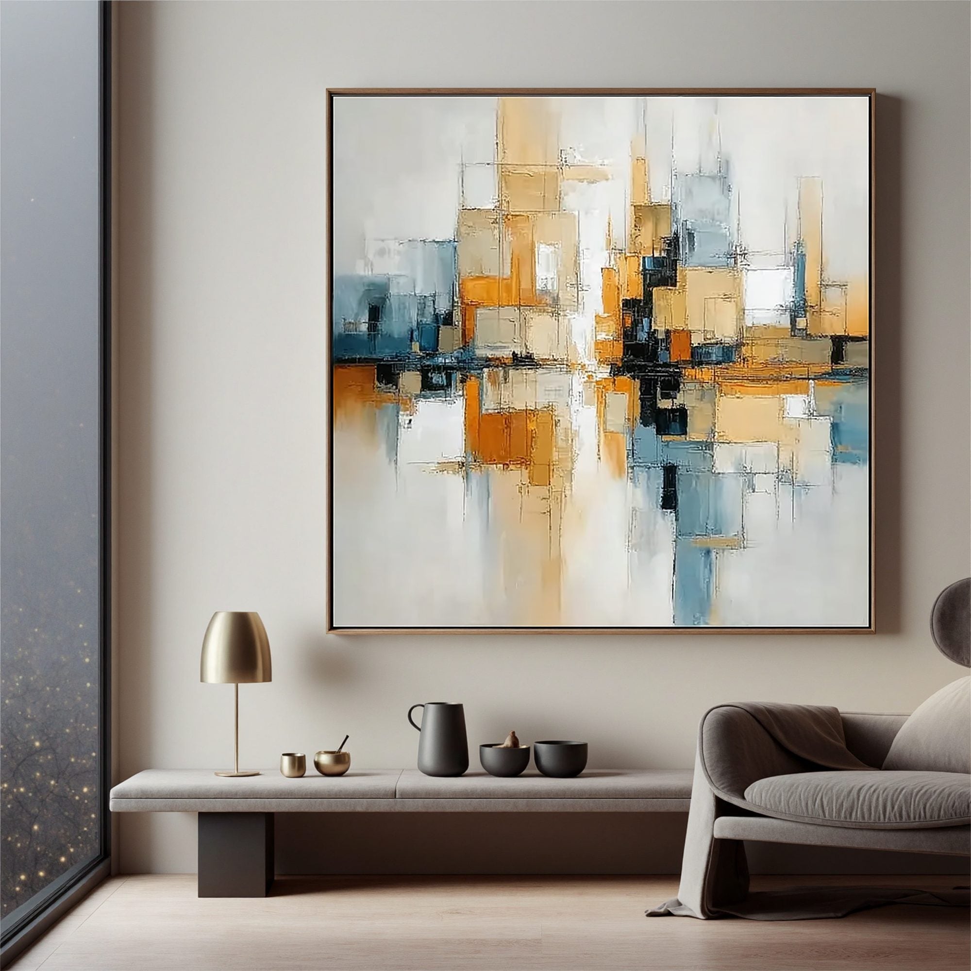 Modern Geometric Abstract Wall Art, Gold and Blue Cityscape Canvas Painting for Living Room Décor #OA 0405