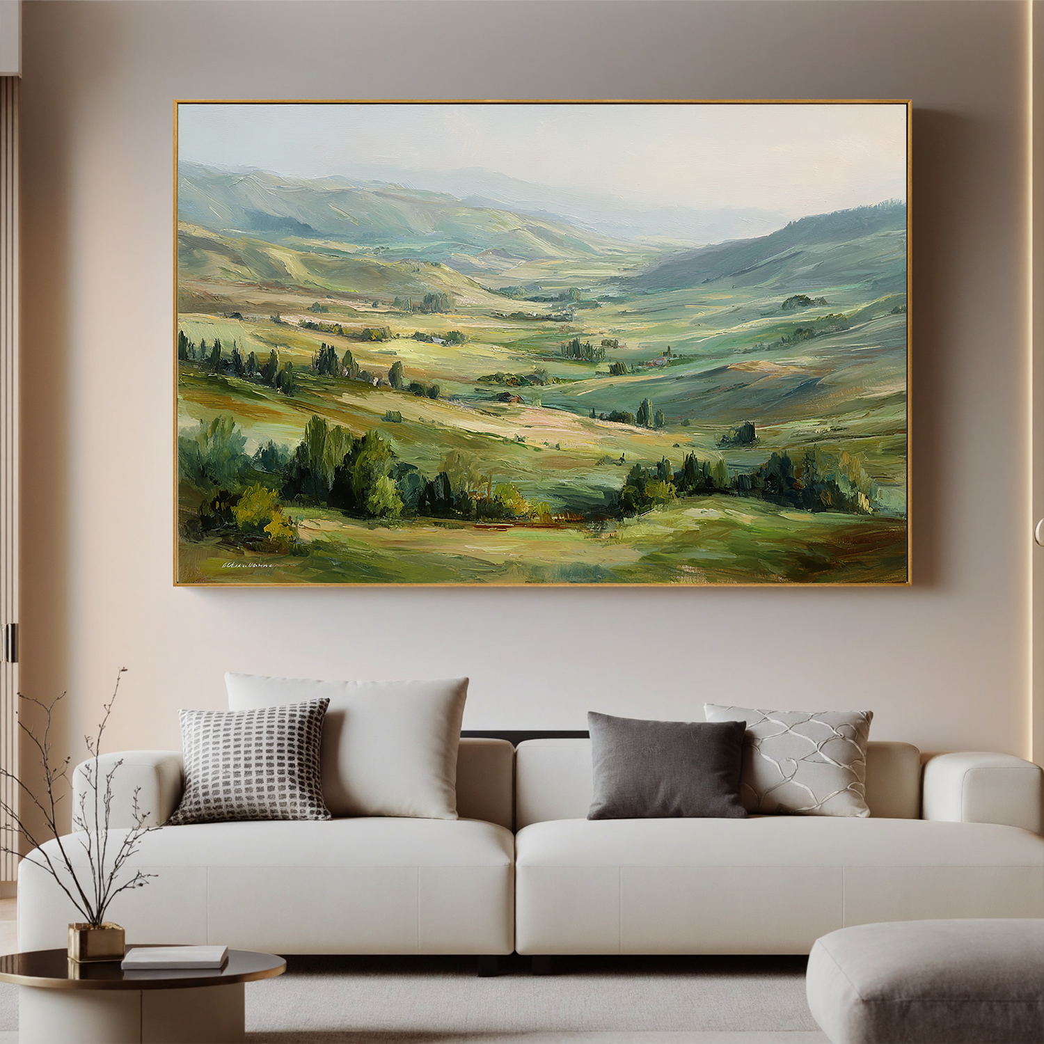 Large Rolling Hills Landscape Oil Painting – Scenic Green Valley Canvas Wall Art#OA 0893