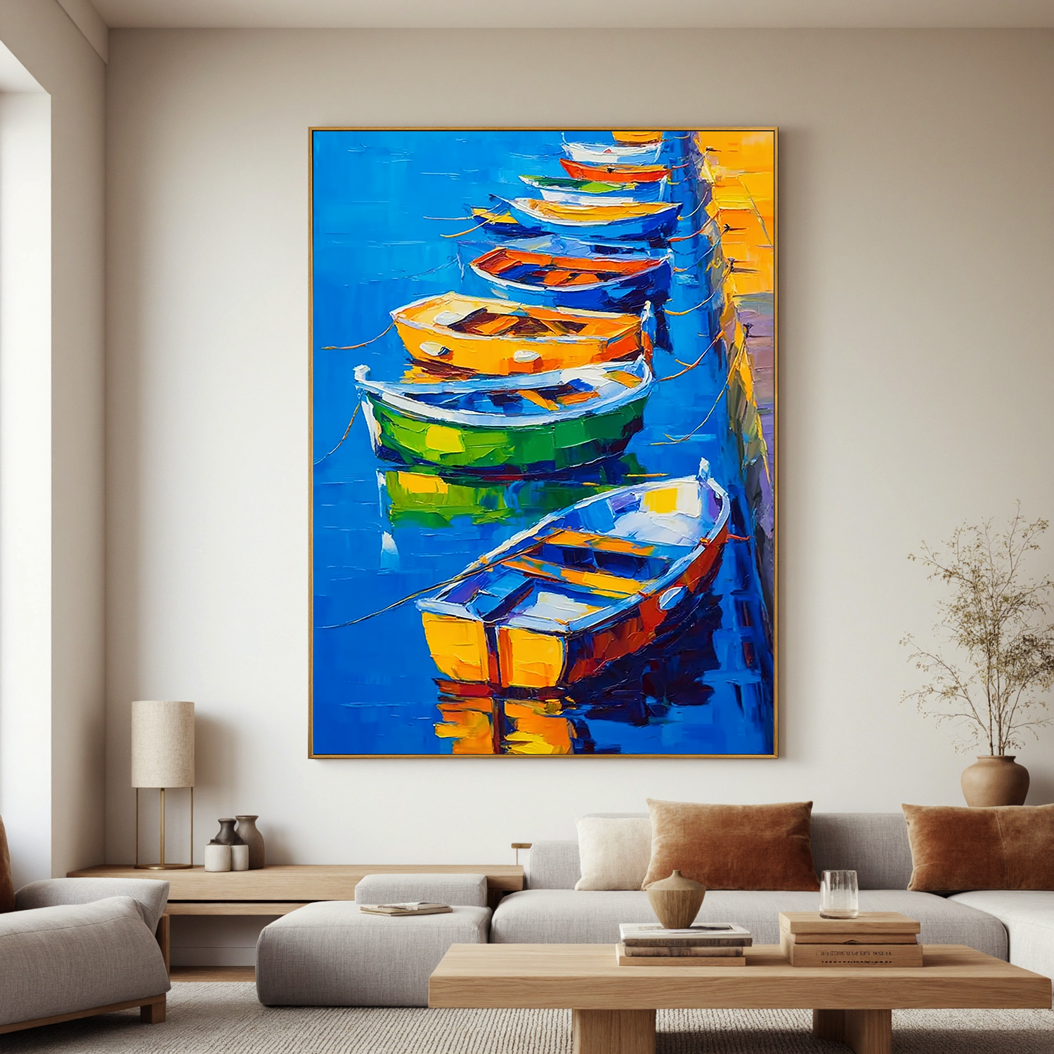 Colorful Boat Oil Painting, Blue Harbor Coastal Wall Art for Living Room Decor#OA 0574