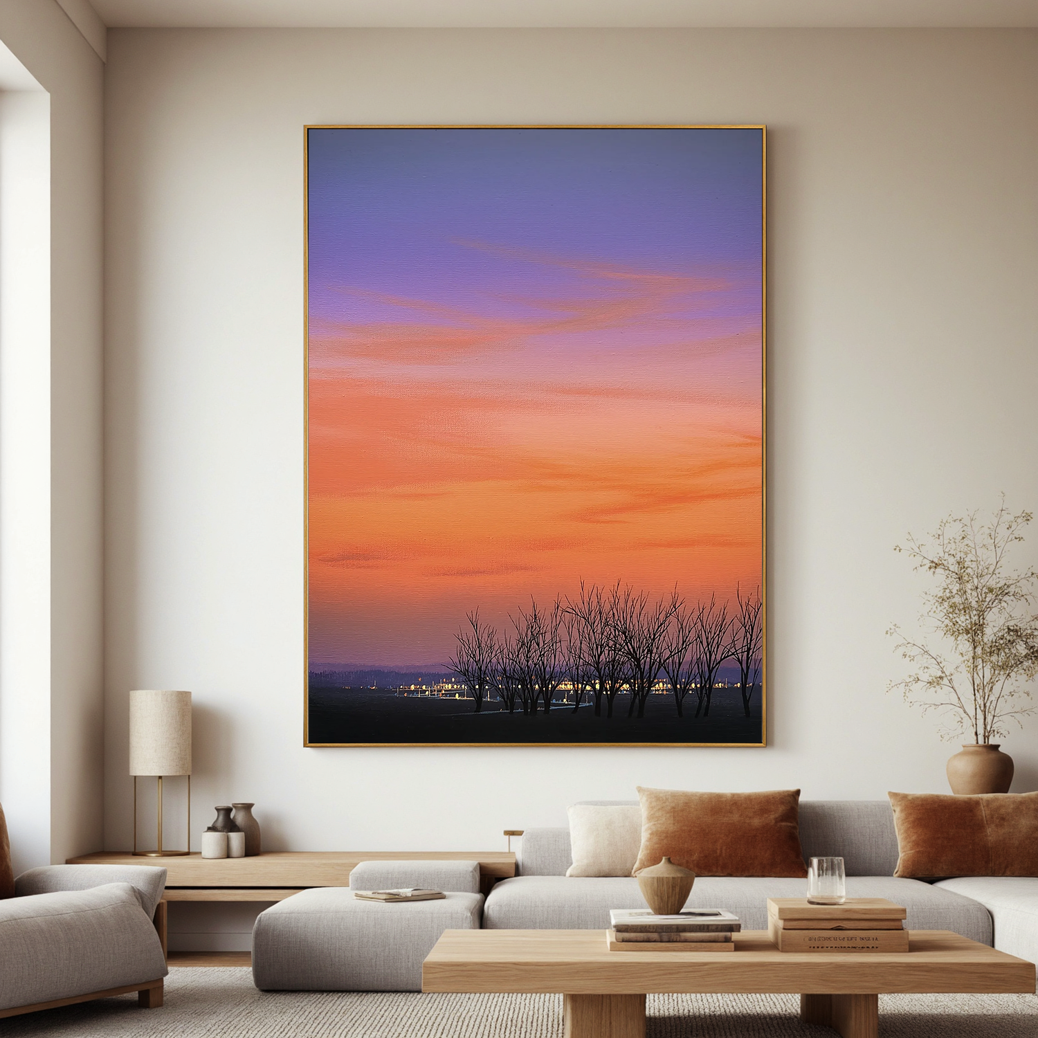 Sunset Sky with Bare Trees and Distant City Lights Wall Art, Serene Landscape Canvas for Living Room Decor #OA 0755
