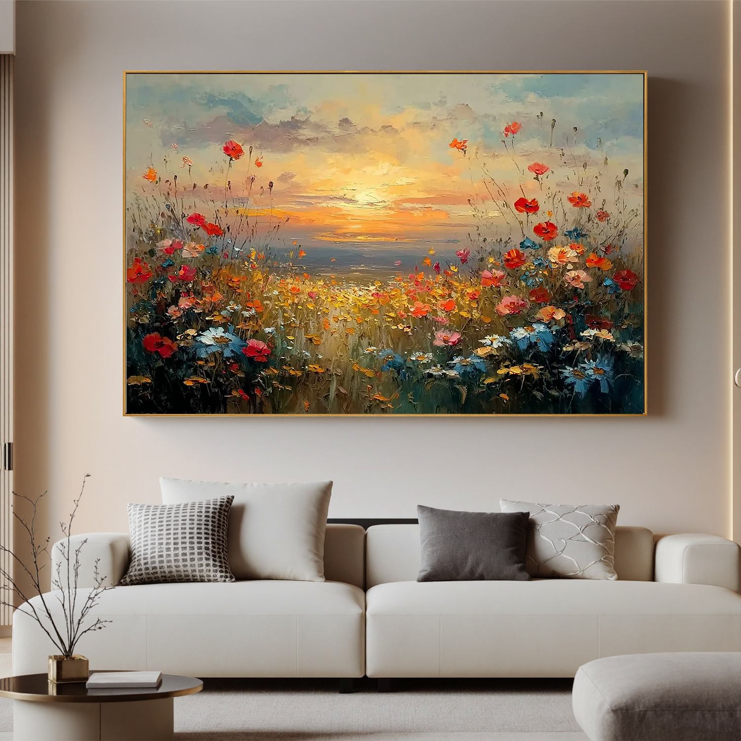 Sunset Wildflower Meadow Wall Art, Colorful Floral Landscape Canvas Painting for Living Room Décor #OA 0415