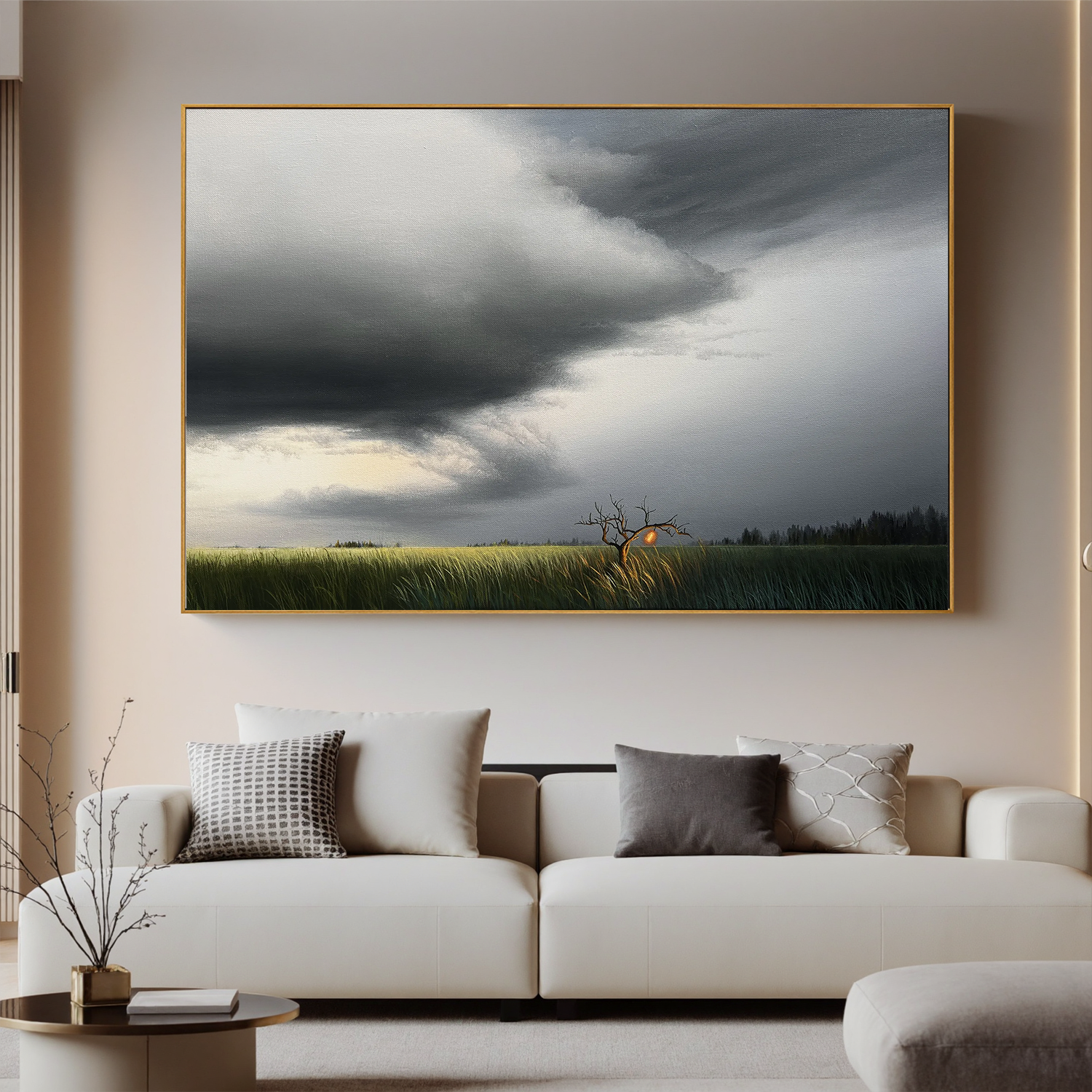 Dramatic Stormy Sky Landscape Wall Art with Glowing Tree, Moody Panoramic Field Canvas for Living Room Decor #OA 0736