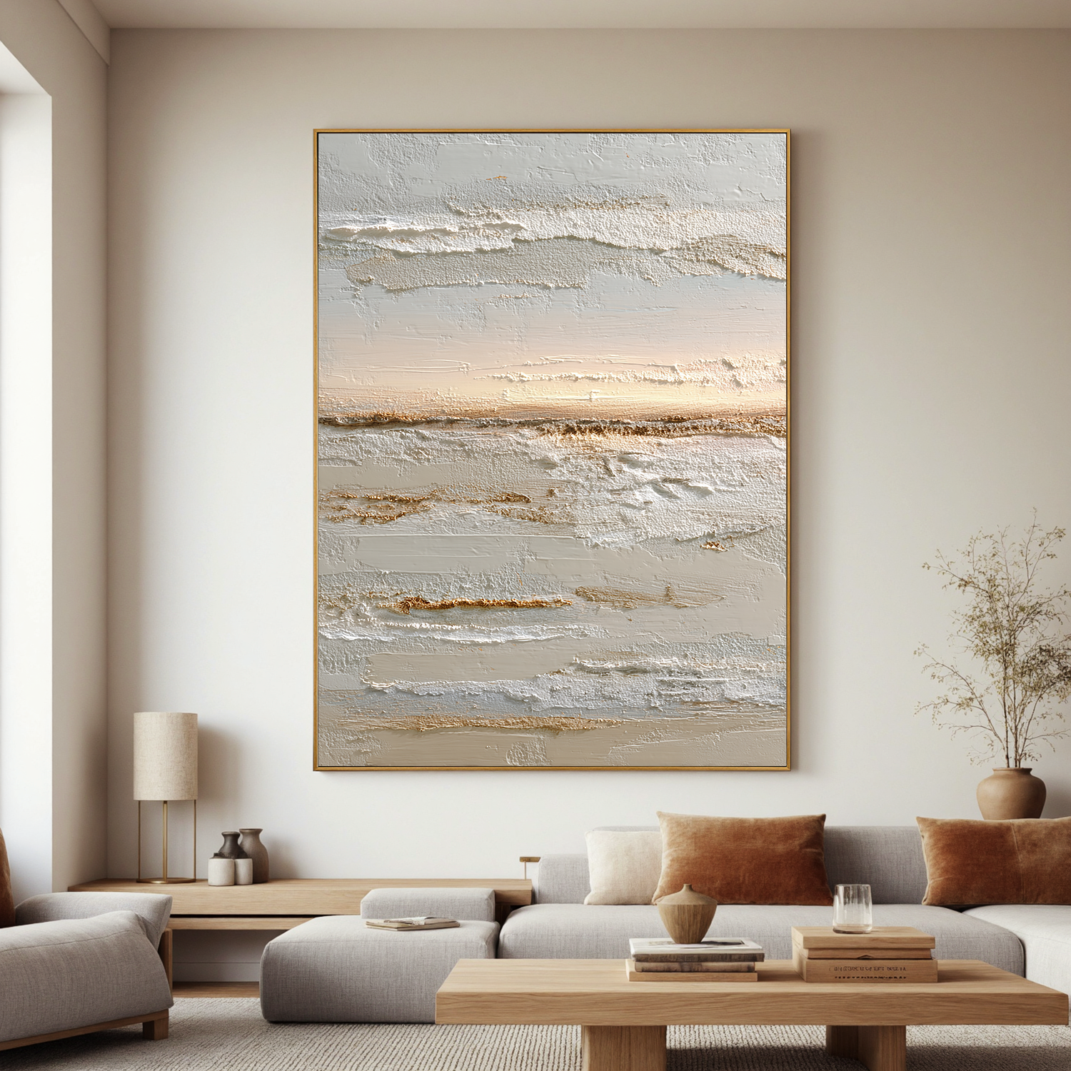 Neutral Abstract Landscape Canvas Wall Art – Textured Cream and Beige Minimalist Painting for Living Room Decor#OA 0858