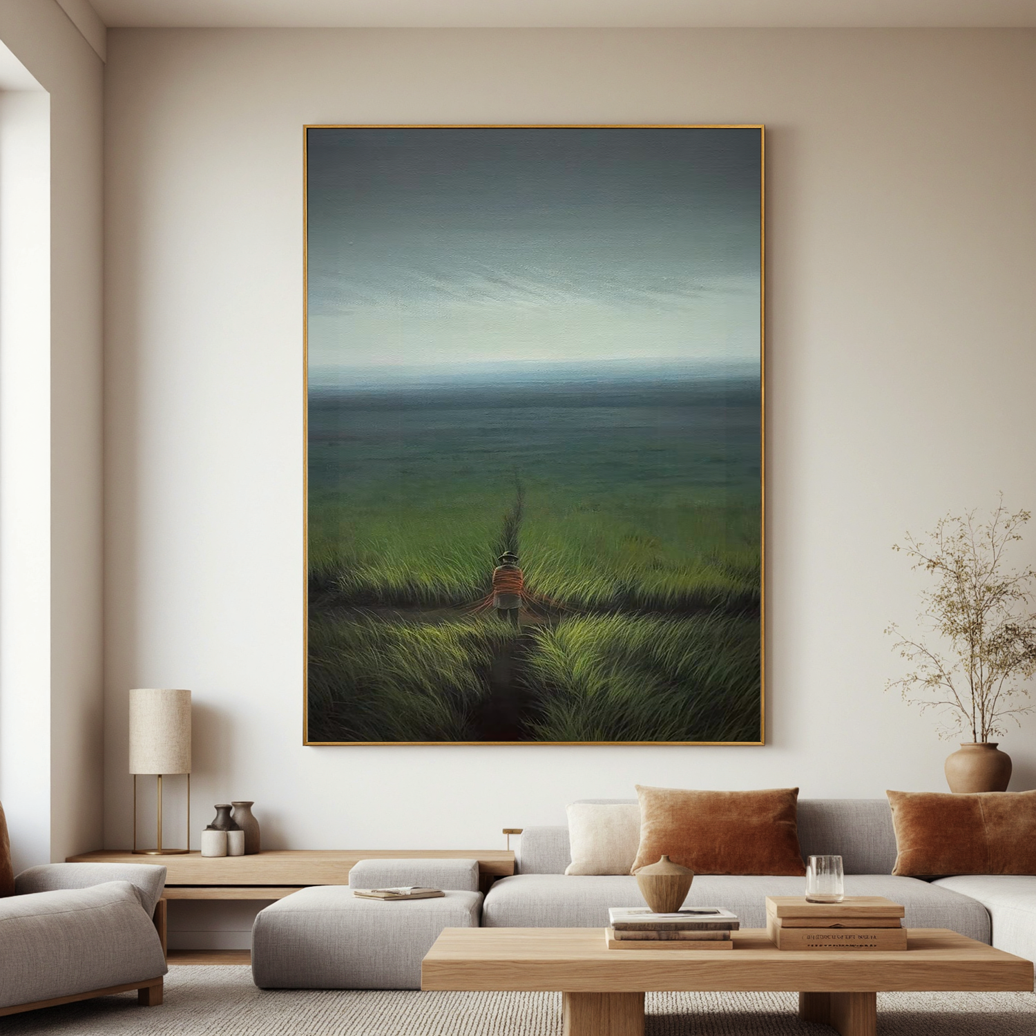 Lonely Figure Landscape Oil Painting, Misty Grassland Wall Art for Living Room Decor#OA 0623