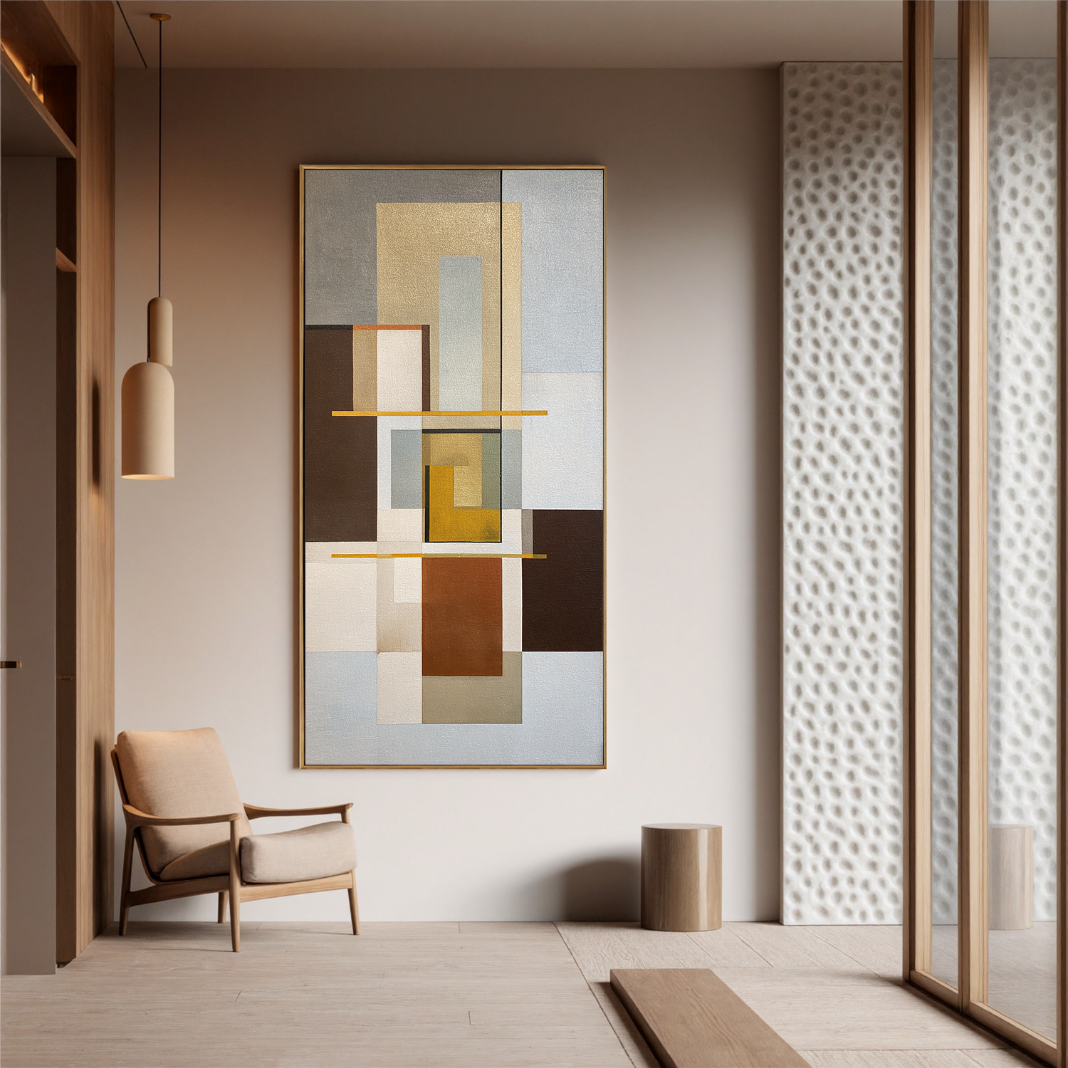 Mid Century Modern Geometric Abstract Canvas Wall Art – Neutral Beige and Brown Vertical Painting for Living Room Decor#OA 0862