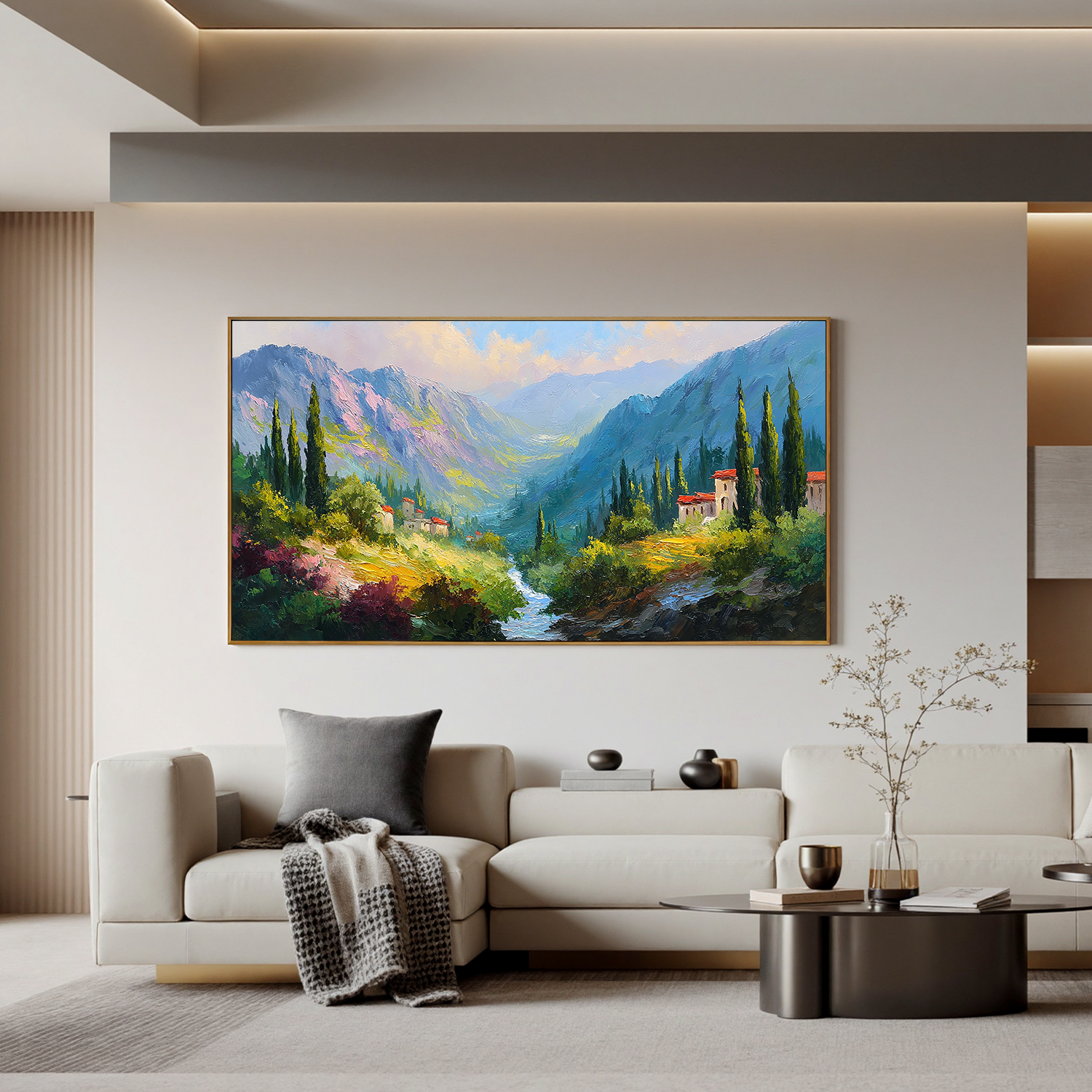 Large Mediterranean Mountain Landscape Oil Painting – Scenic Valley Canvas Wall Art#OA 0889
