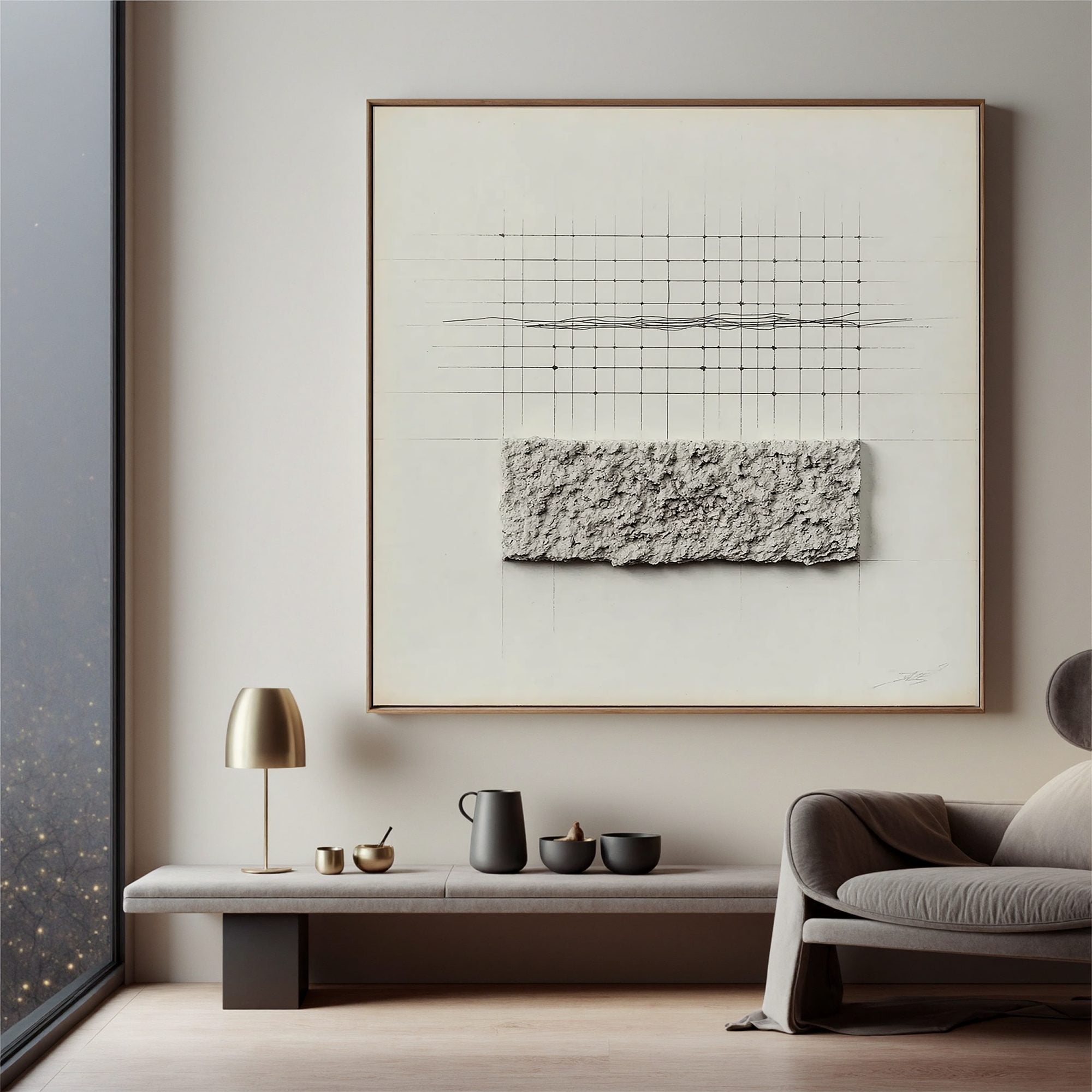 Minimal Geometric Textured Wall Art, Neutral Grid Line Canvas Painting for Modern Living Room Décor #OA 0403