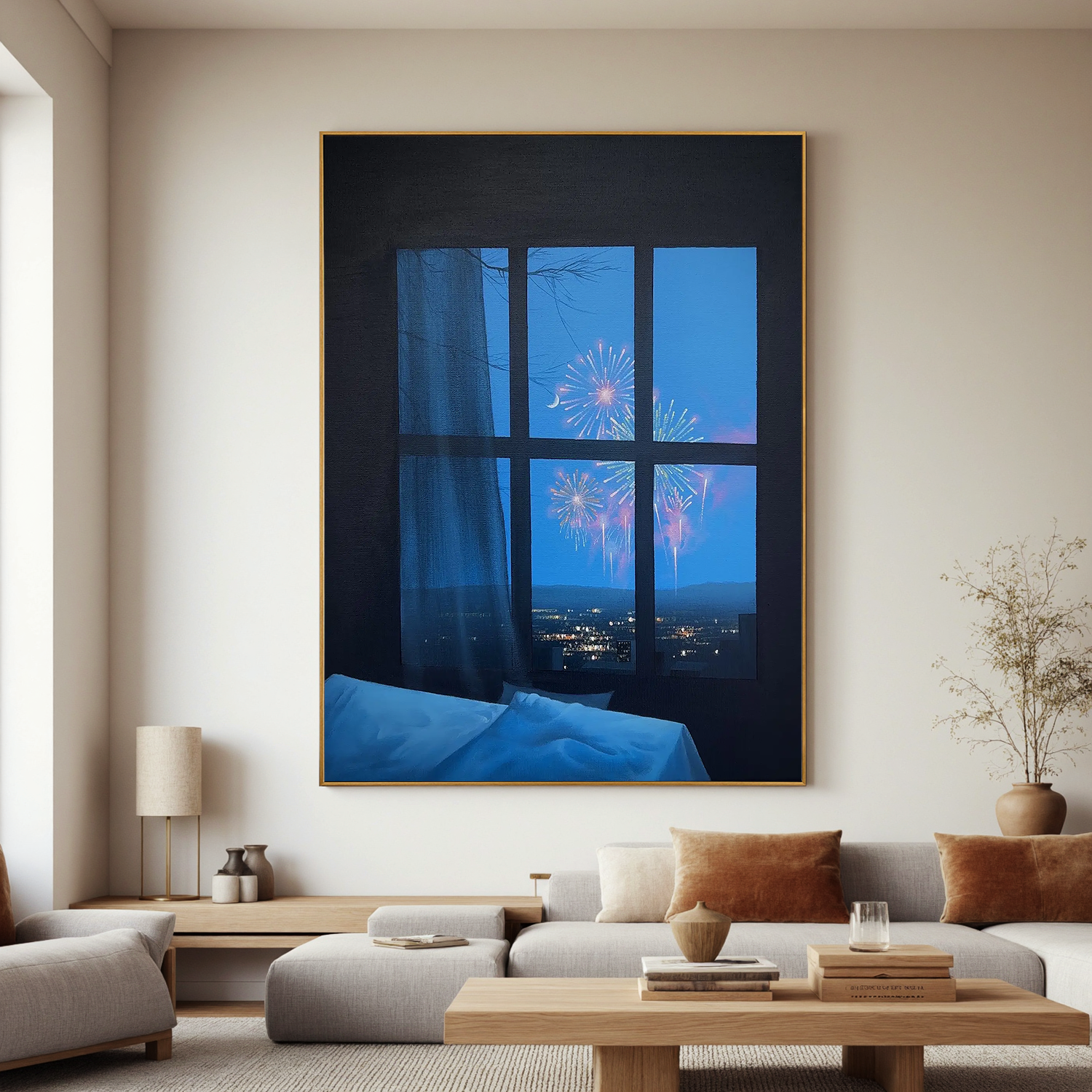 Fireworks City View Wall Art, Romantic Night Window Scene Canvas Painting for Bedroom or Living Room Decor #OA 0745