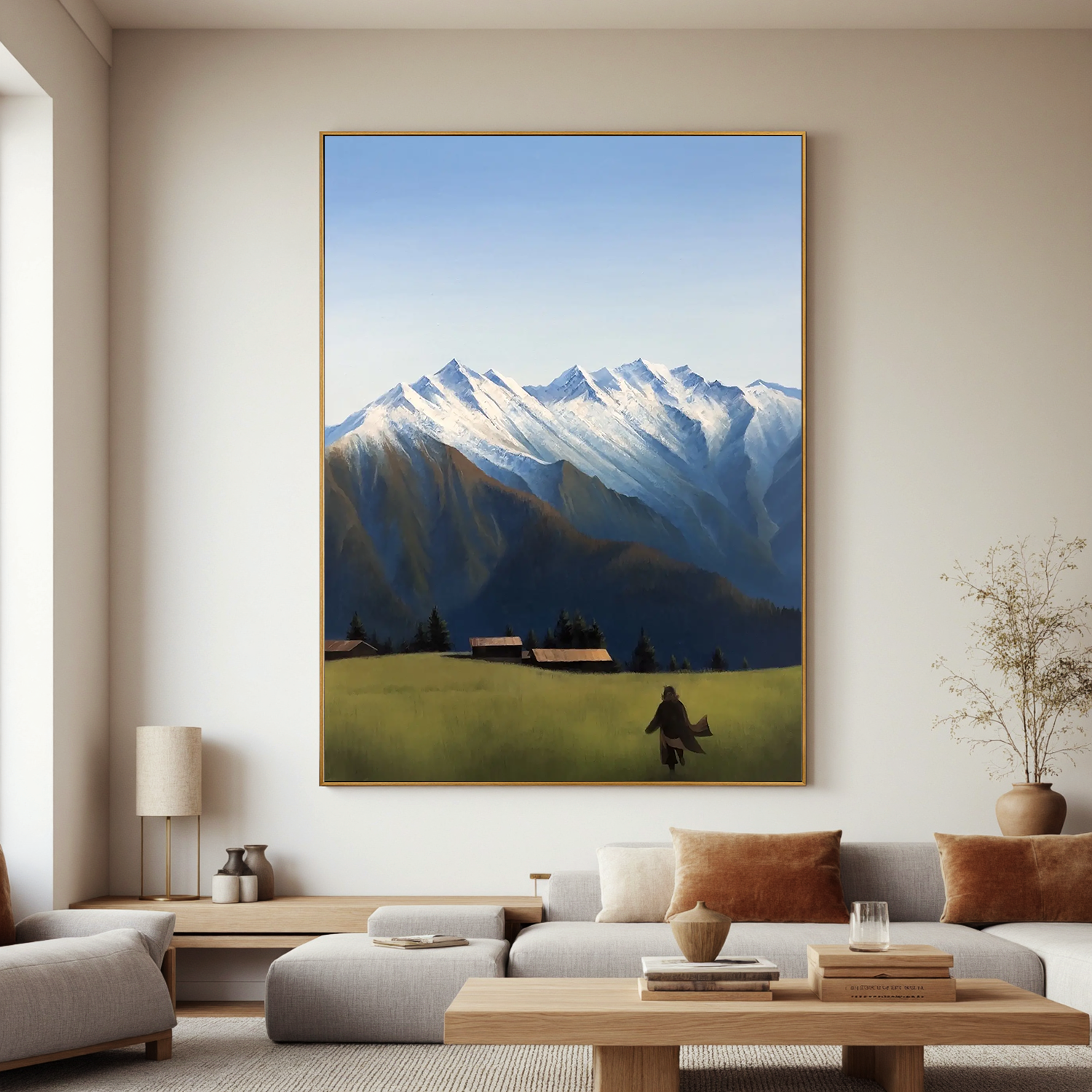 Snow-Capped Mountain Landscape Wall Art, Alpine Meadow with Cabins Canvas Painting for Living Room Decor #OA 0766