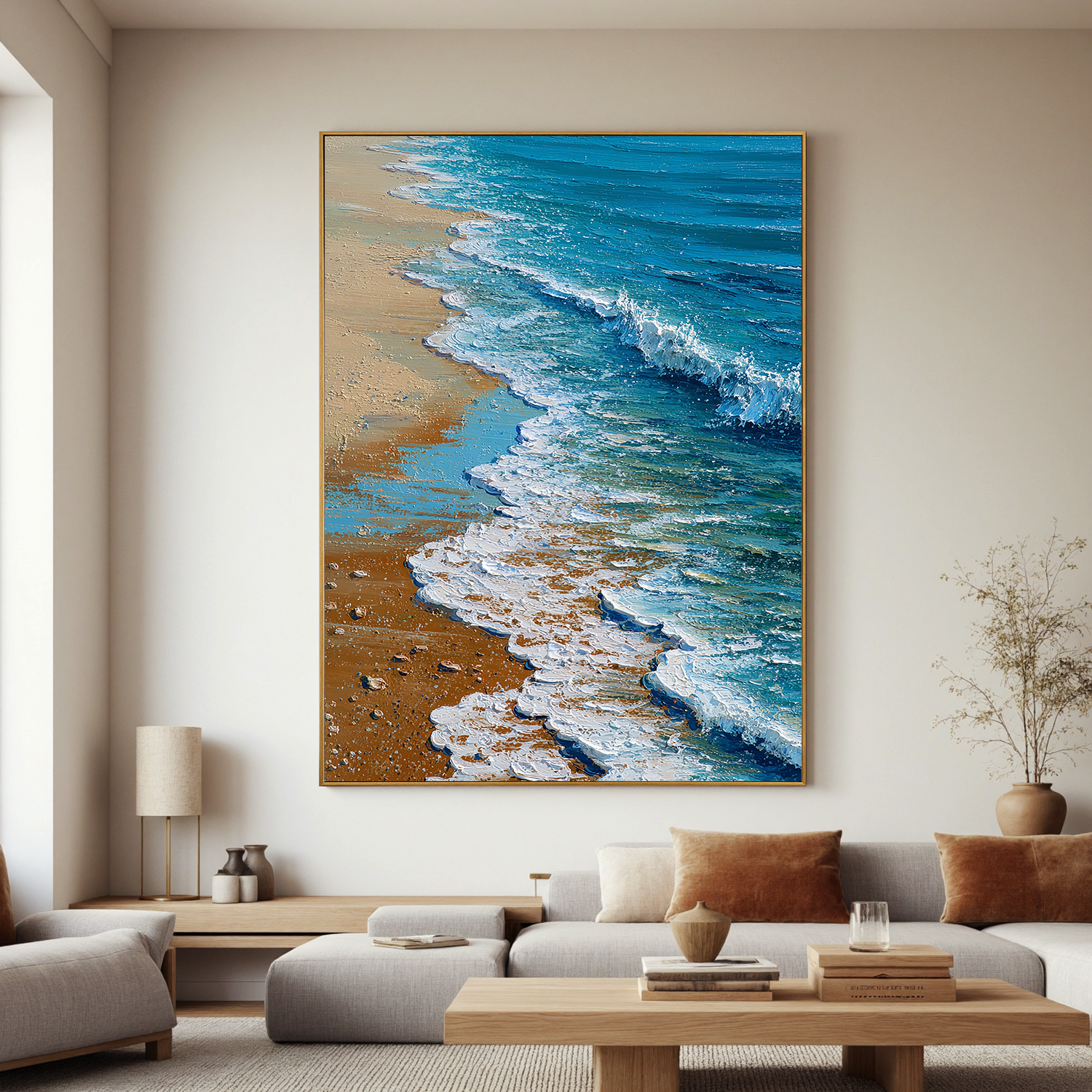 Coastal Beach Wave Wall Art – Blue Ocean Textured Canvas Painting for Modern Living Room Decor#OA 0831