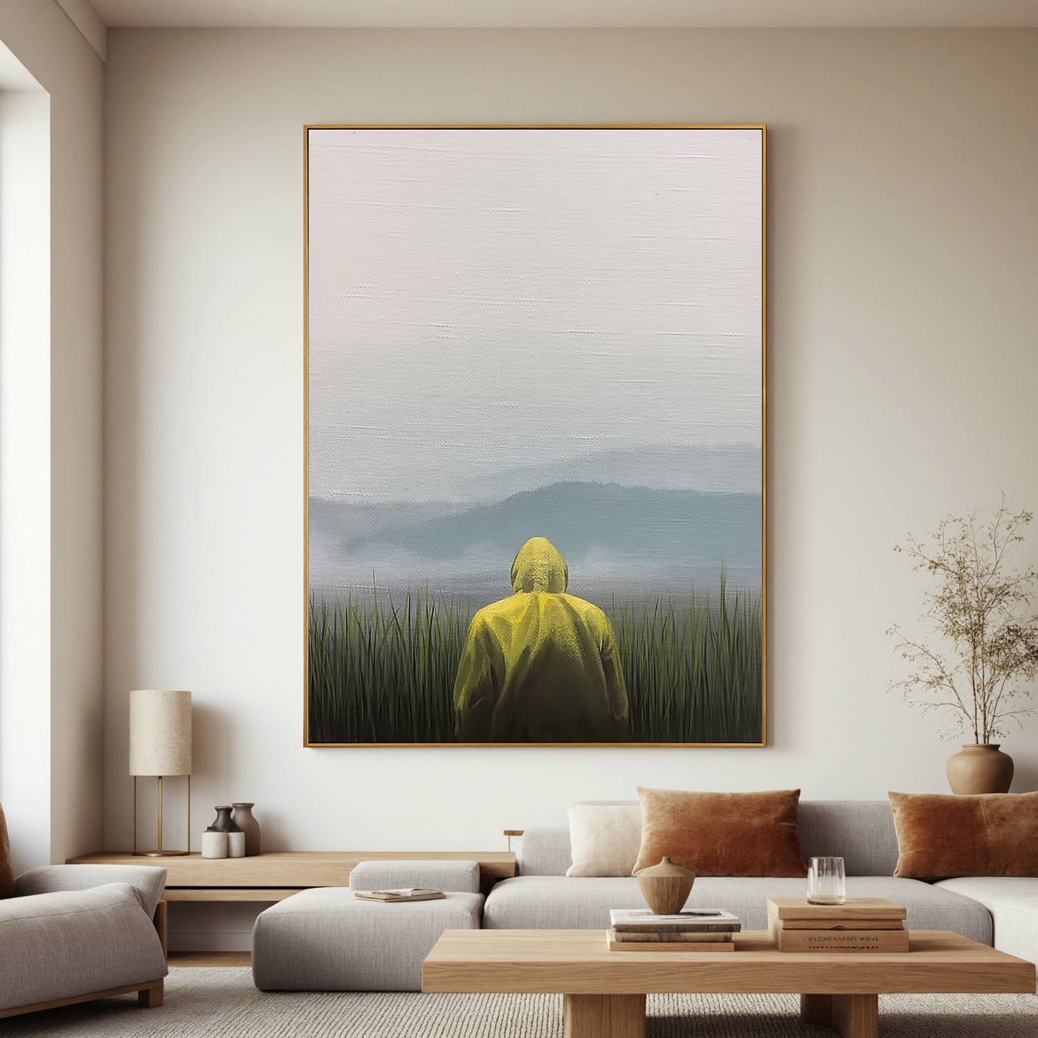 Misty Lake Landscape Wall Art with Yellow Raincoat Figure – Minimalist Nature Canvas for Living Room Decor #OA 0807