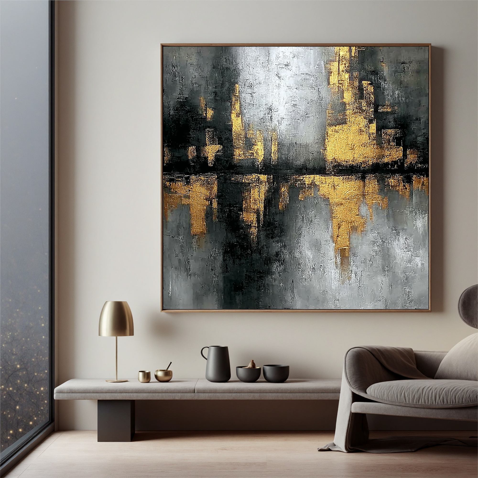 Black and Gold Abstract Cityscape Wall Art, Luxury Textured Canvas Painting for Modern Living Room Décor #OA 0410