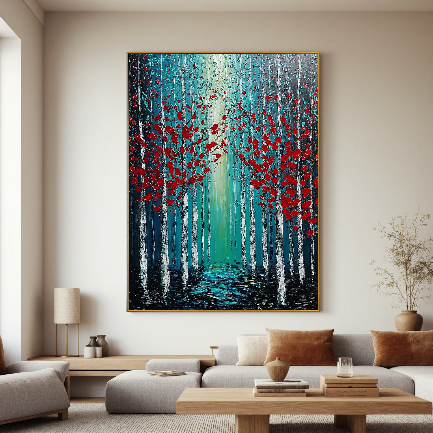 Red Leaf Forest Oil Painting, Blue Woodland Landscape Wall Art for Living Room Decor #OA 0578