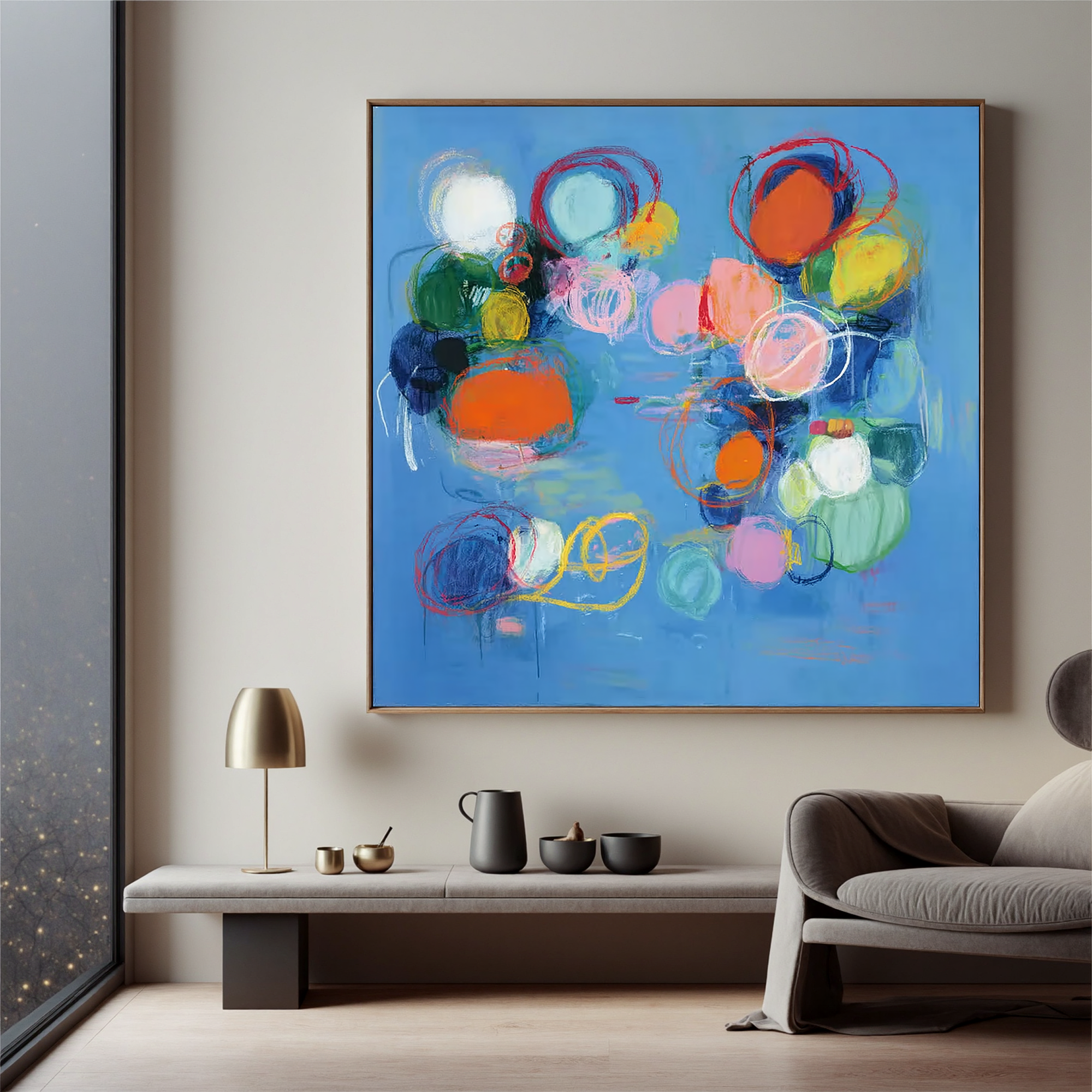 Abstract Blue Modern Oil Painting Canvas – Colorful Circle Wall Art for Living Room Contemporary Home Decor#OA 0474