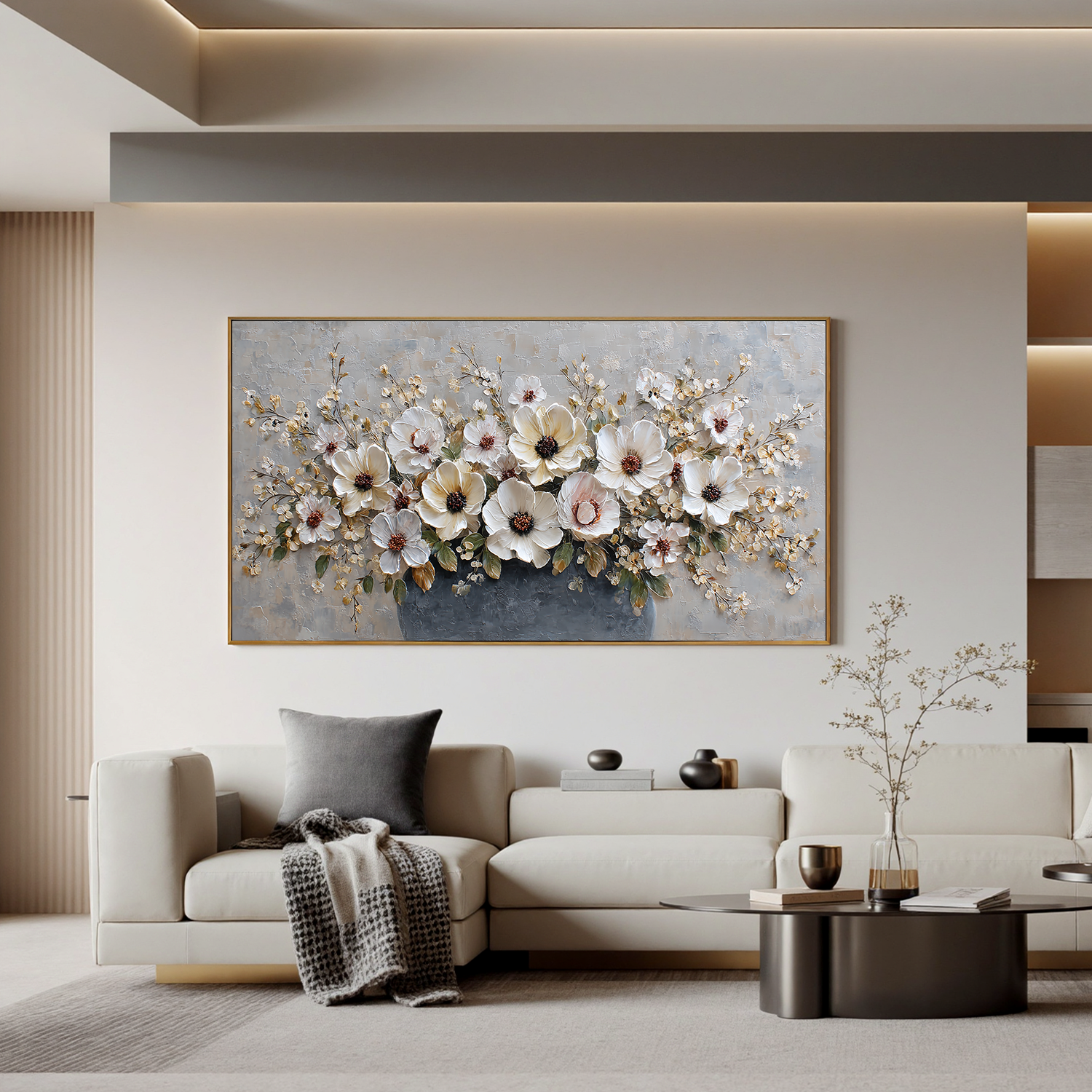 Large Floral Canvas Wall Art – Elegant White Flower Bouquet Painting in Vase for Living Room Decor#OA 0845