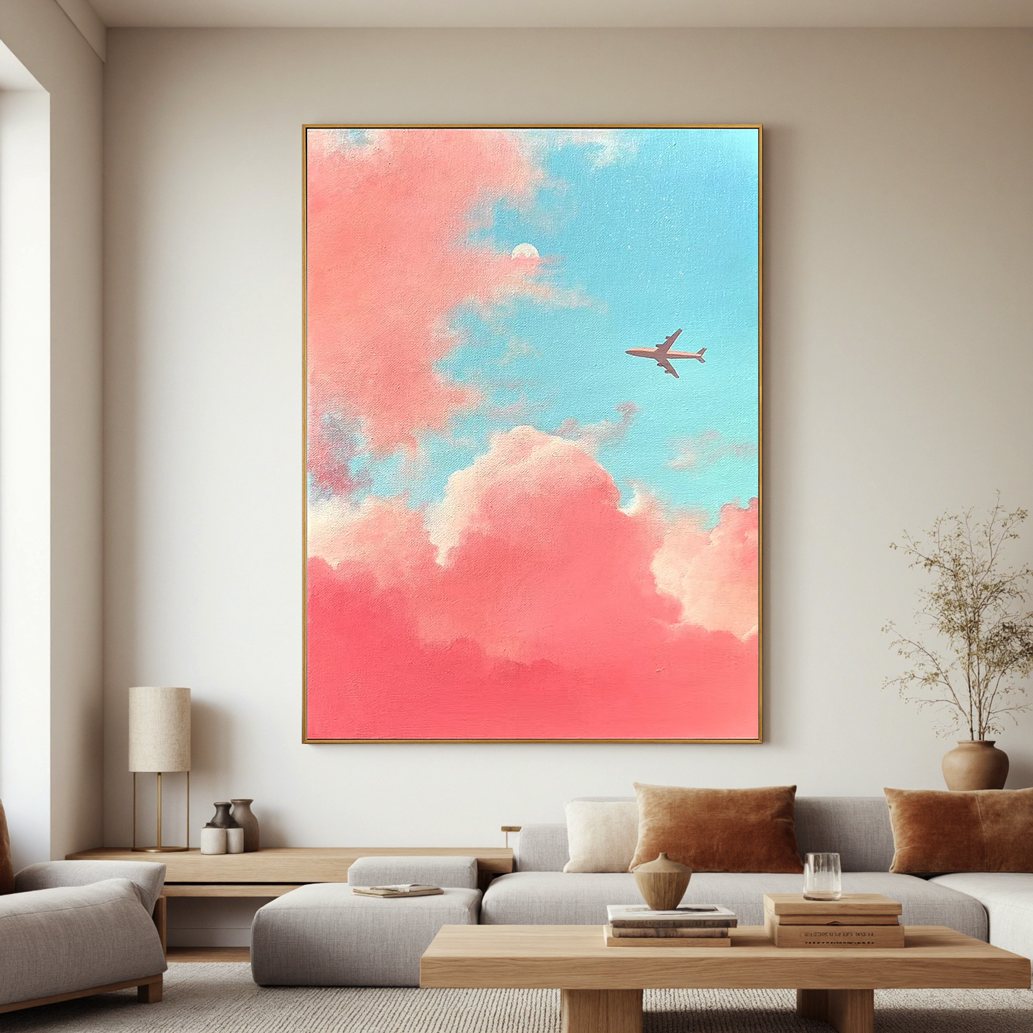 Dreamy Pink and Blue Sky Wall Art with Airplane – Pastel Cloud Canvas Painting for Modern Home Decor #OA 0798