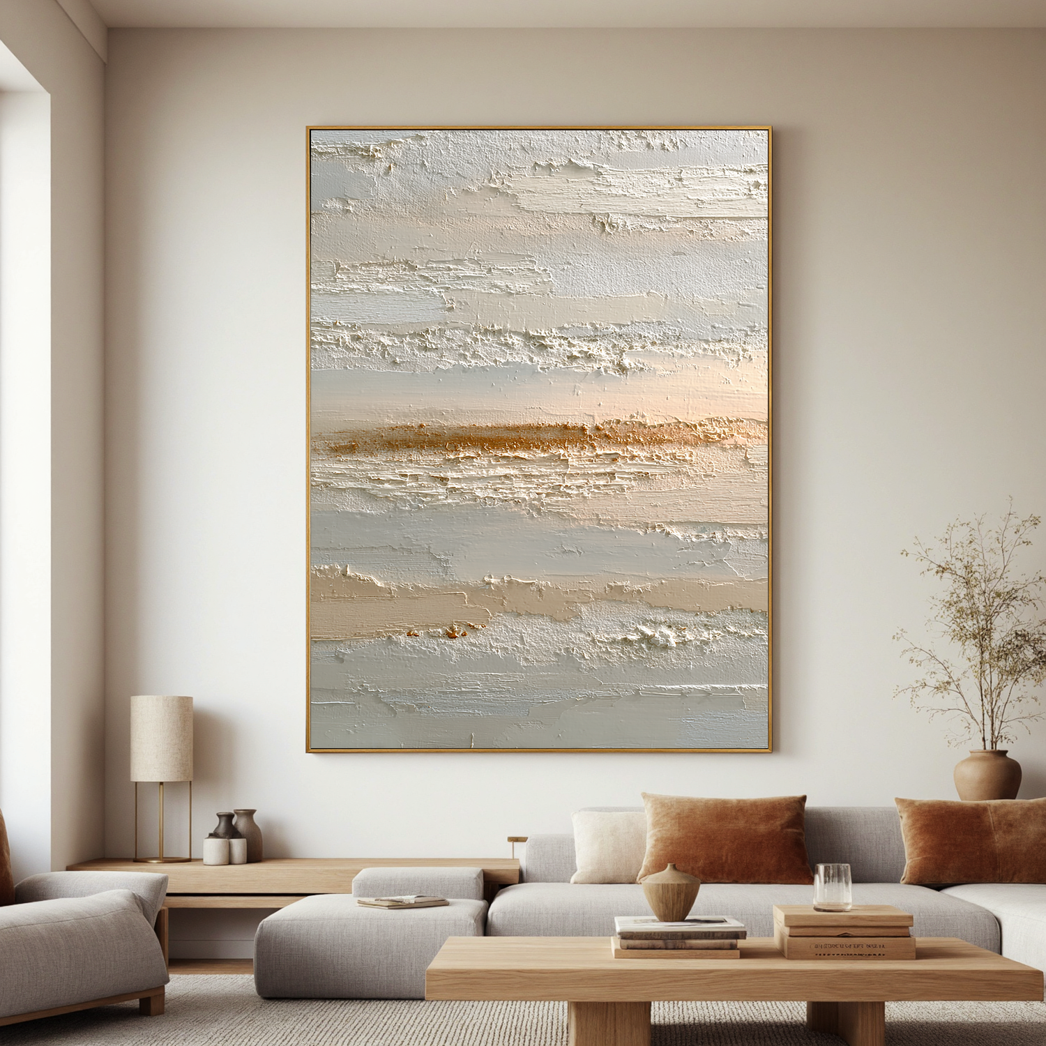 Minimalist Neutral Abstract Canvas Wall Art – Textured Beige Coastal Landscape Painting for Modern Living Room Decor#OA 0860
