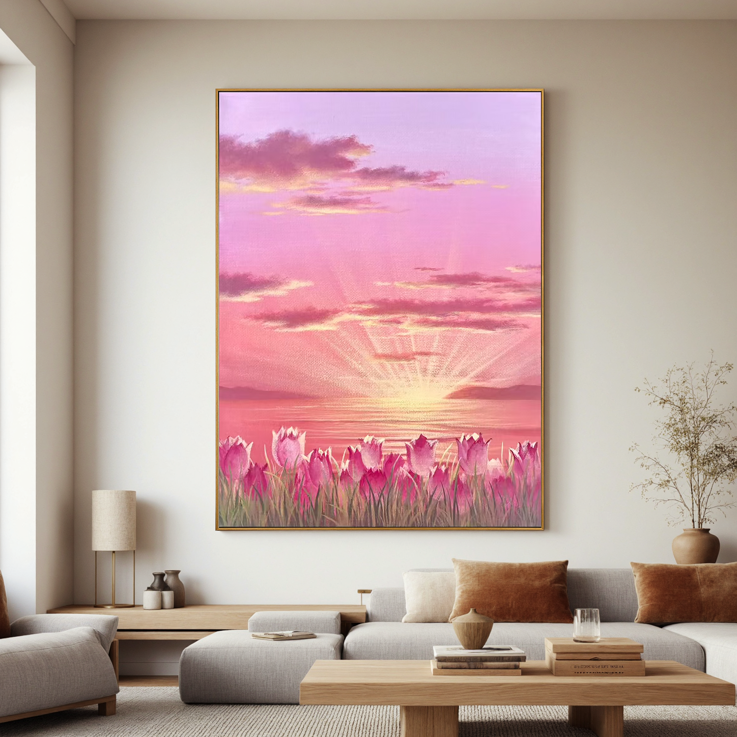 Pink Tulip Sunset Wall Art, Romantic Floral Landscape Canvas Painting, Dreamy Lake Sunrise Decor for Living Room Bedroom #OA 0785