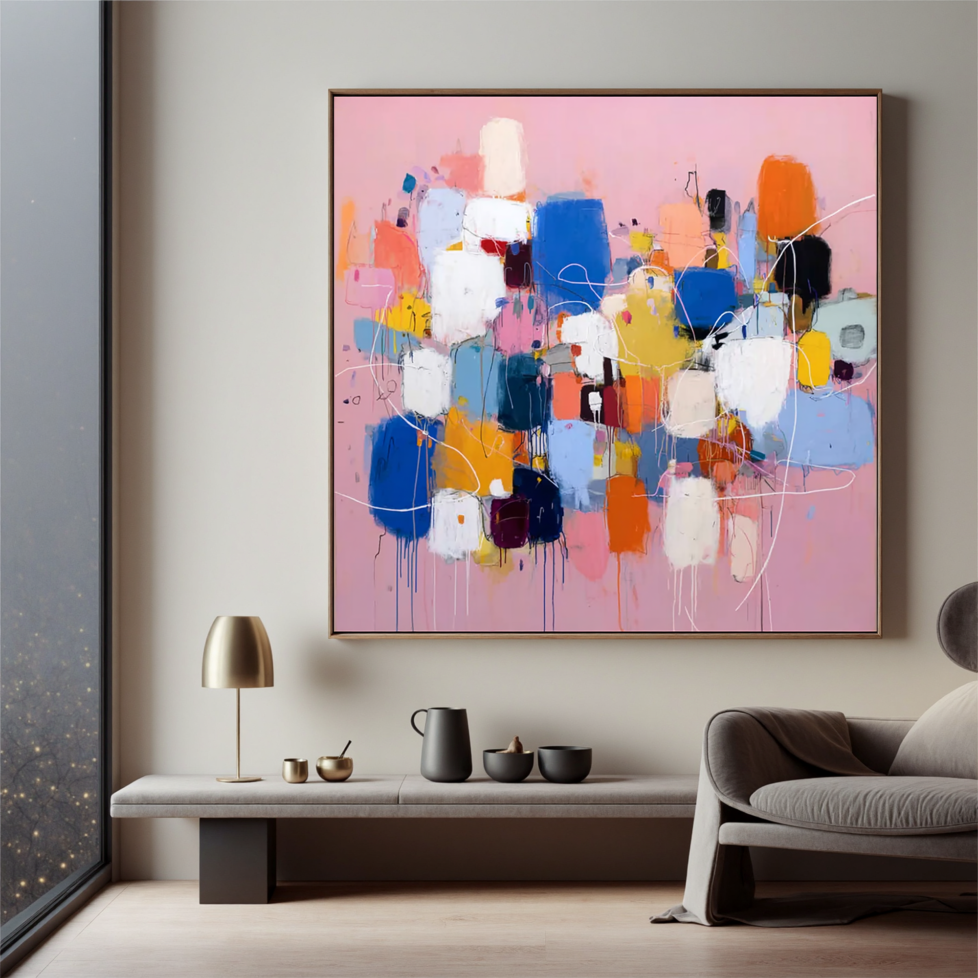 Abstract Pink Color Block Oil Painting Canvas – Modern Geometric Wall Art for Living Room Contemporary Home Decor#OA 0494