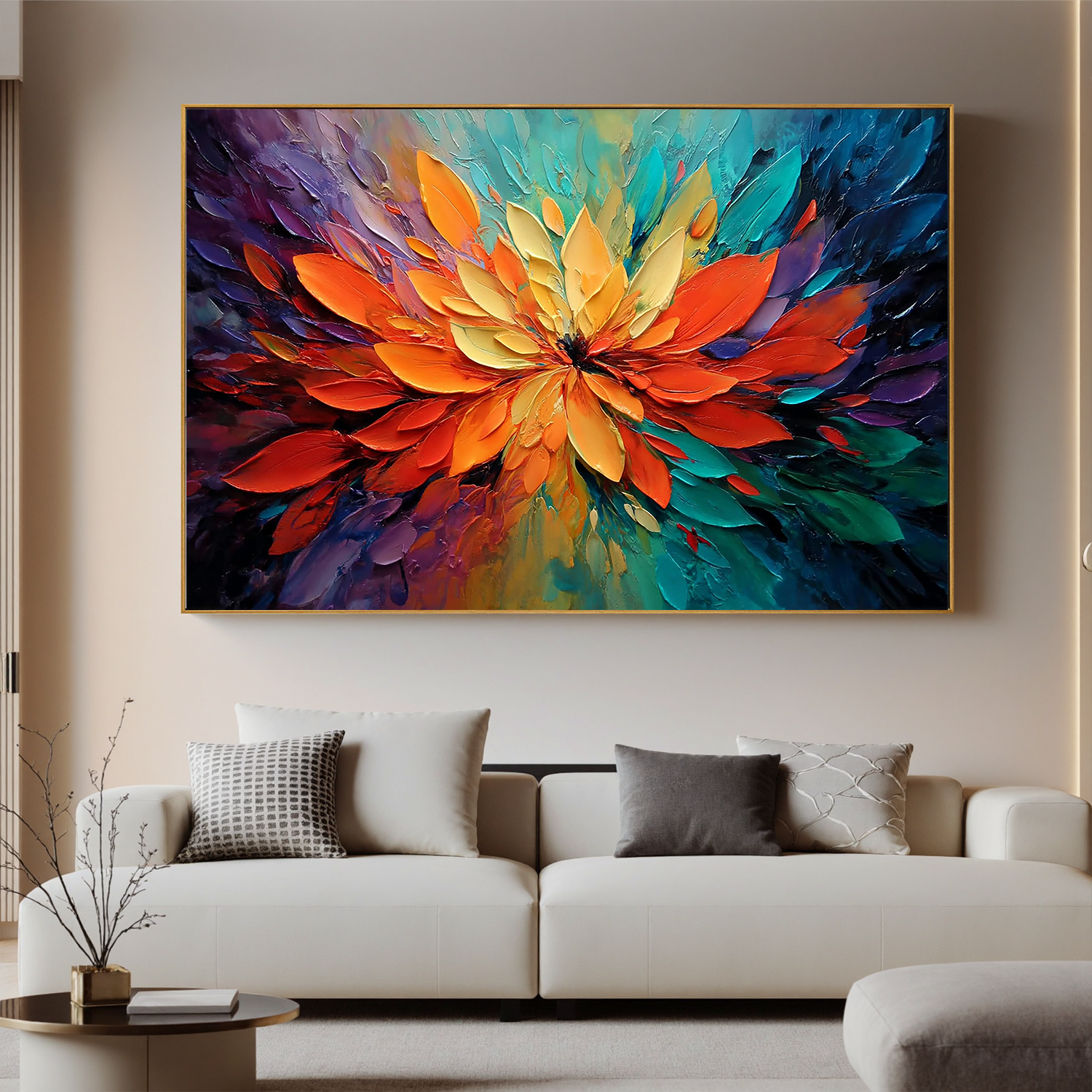 Abstract Floral Oil Painting Canvas – Vibrant Orange Flower Wall Art for Living Room Modern Home Decor #OA 0478