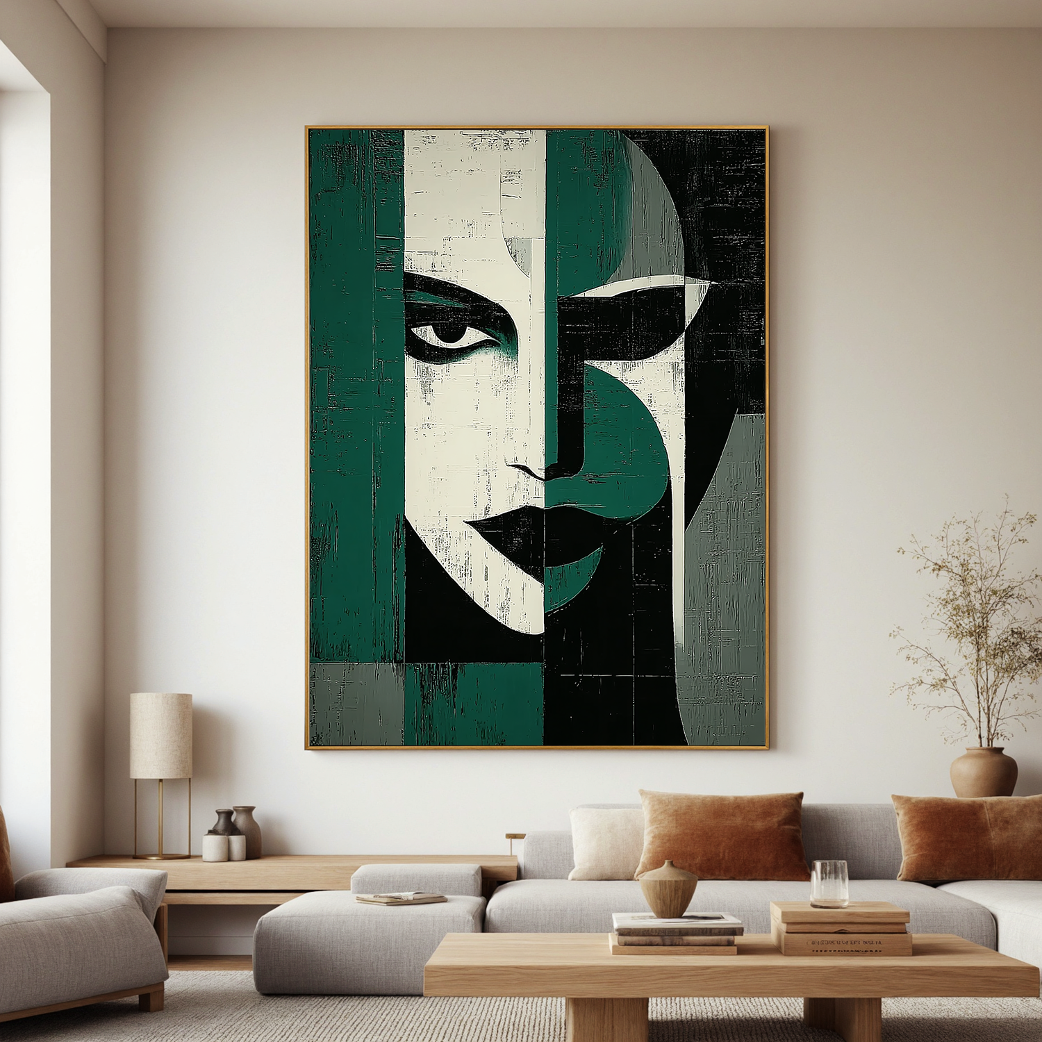 Geometric Female Portrait Oil Painting, Modern Abstract Face Wall Art for Living Room Decor#OA 0589