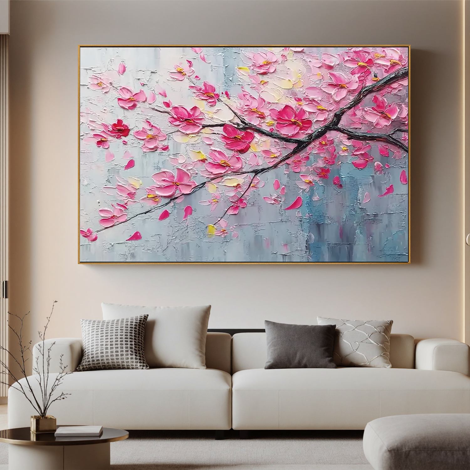 Cherry Blossom Branch Wall Art, Pink Textured Floral Canvas Painting for Living Room Décor #OA 0420