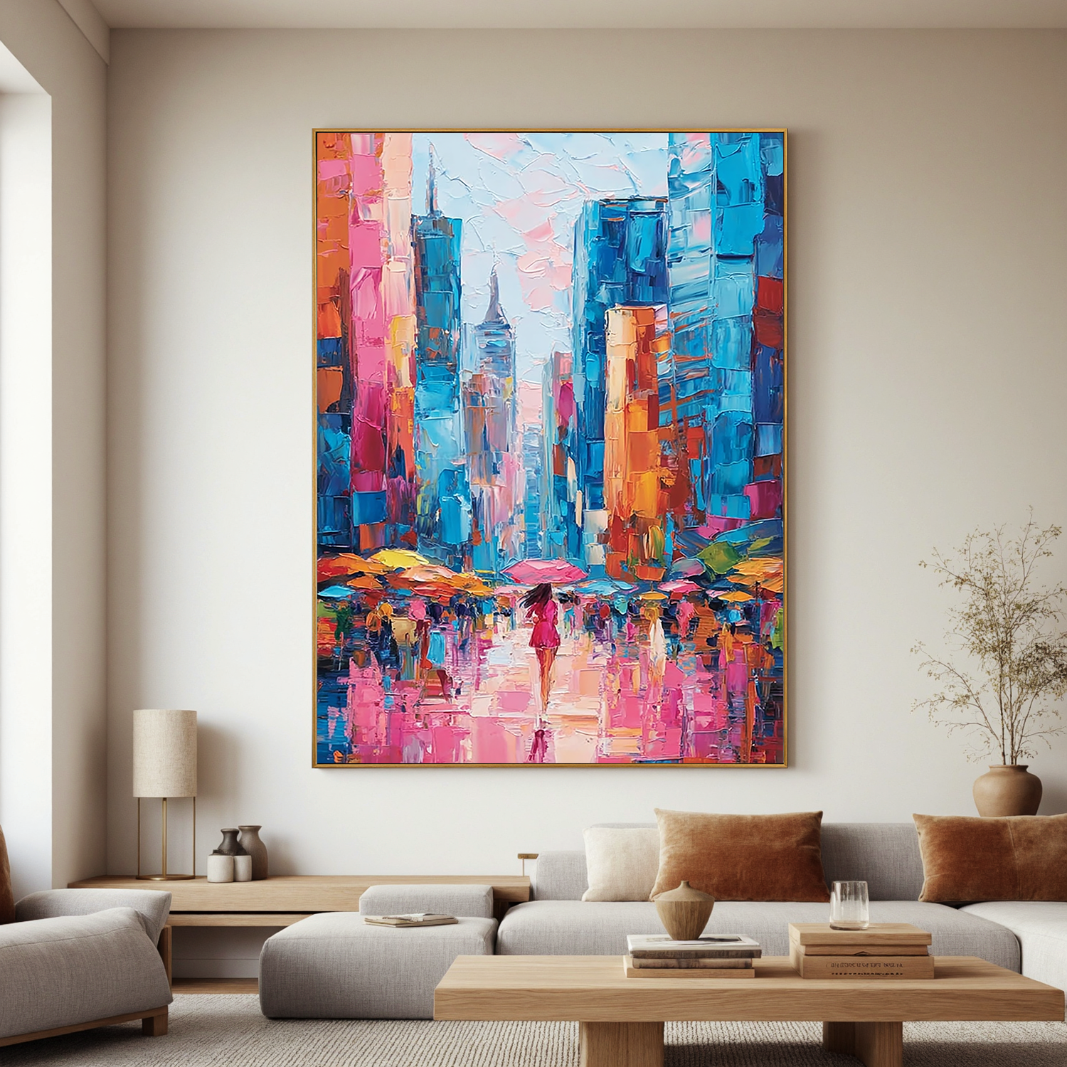 Colorful Abstract Cityscape Oil Painting, Pink and Blue Urban Wall Art for Living Room Decor#OA 0524