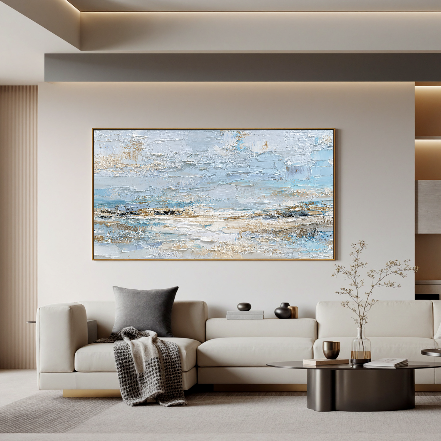 Large Abstract Coastal Canvas Wall Art – Soft Blue & Neutral Seascape Painting for Modern Living Room Decor#OA 0842