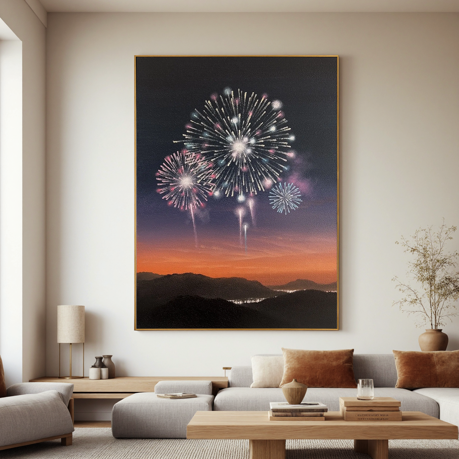 Fireworks Over Mountain Sunset Wall Art, Celebration Night Sky Canvas Painting for Living Room Decor #OA 0758