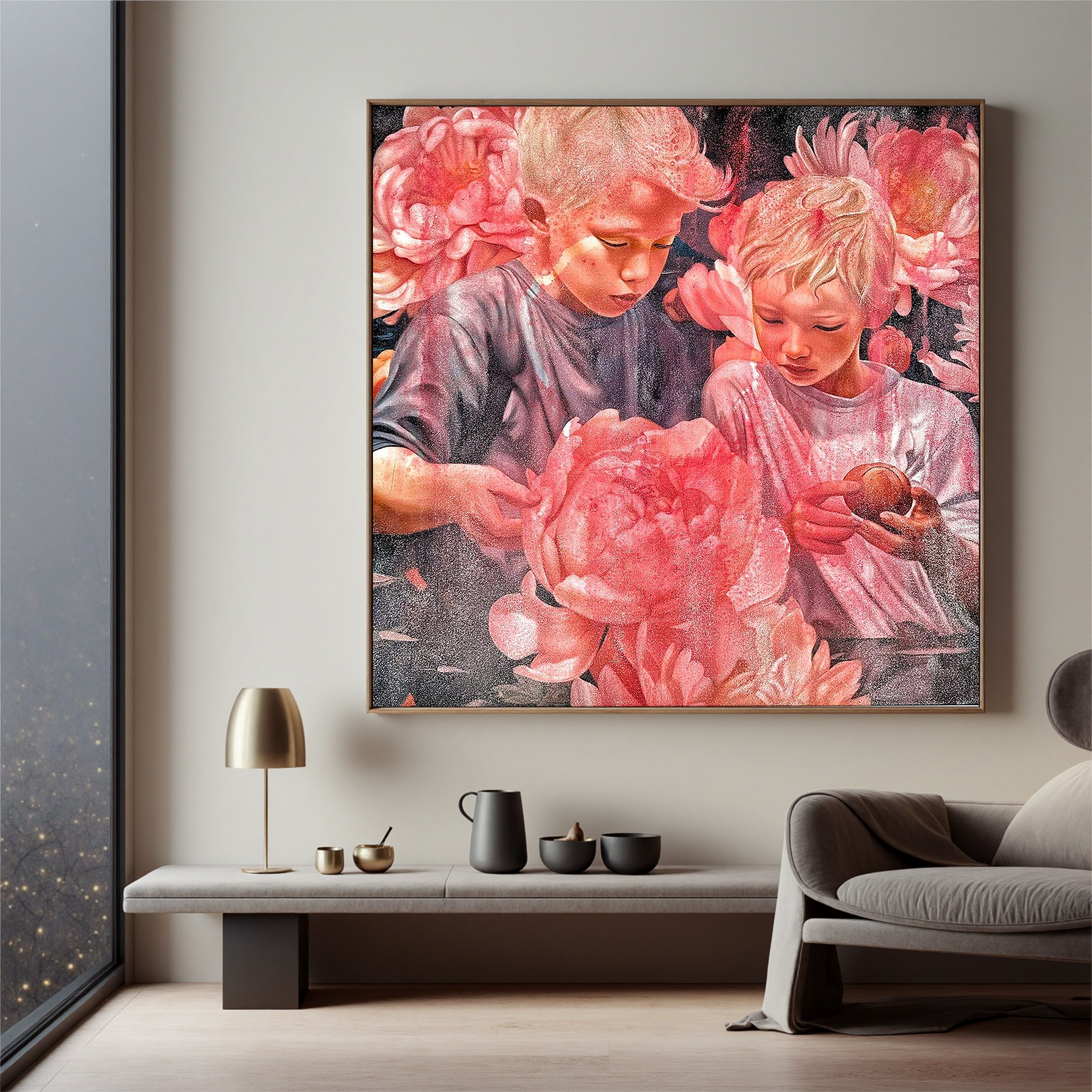 Emotional Children Portrait Oil Painting with Pink Peonies – Contemporary Figurative Floral Canvas Wall Art #OA 0819