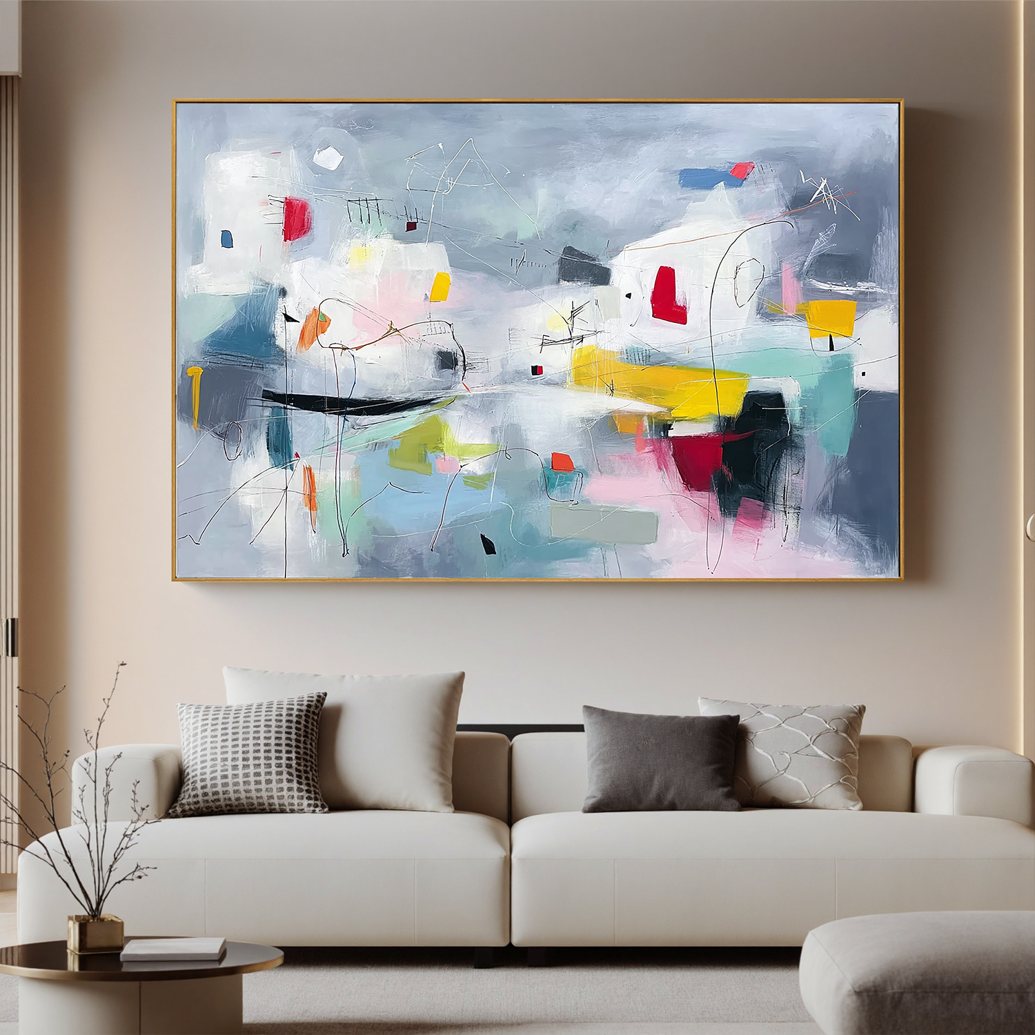 Abstract Grey Blue Oil Painting Canvas – Minimalist Modern Wall Art for Living Room Contemporary Home Decor#OA 0492