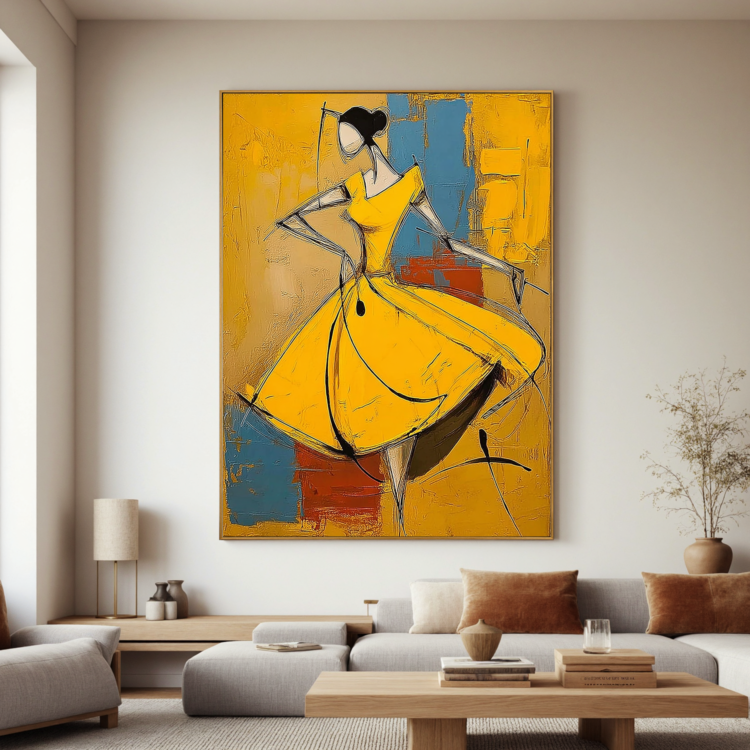 Yellow Dress Abstract Figure Oil Painting, Modern Woman Wall Art for Living Room Decor#OA 0529