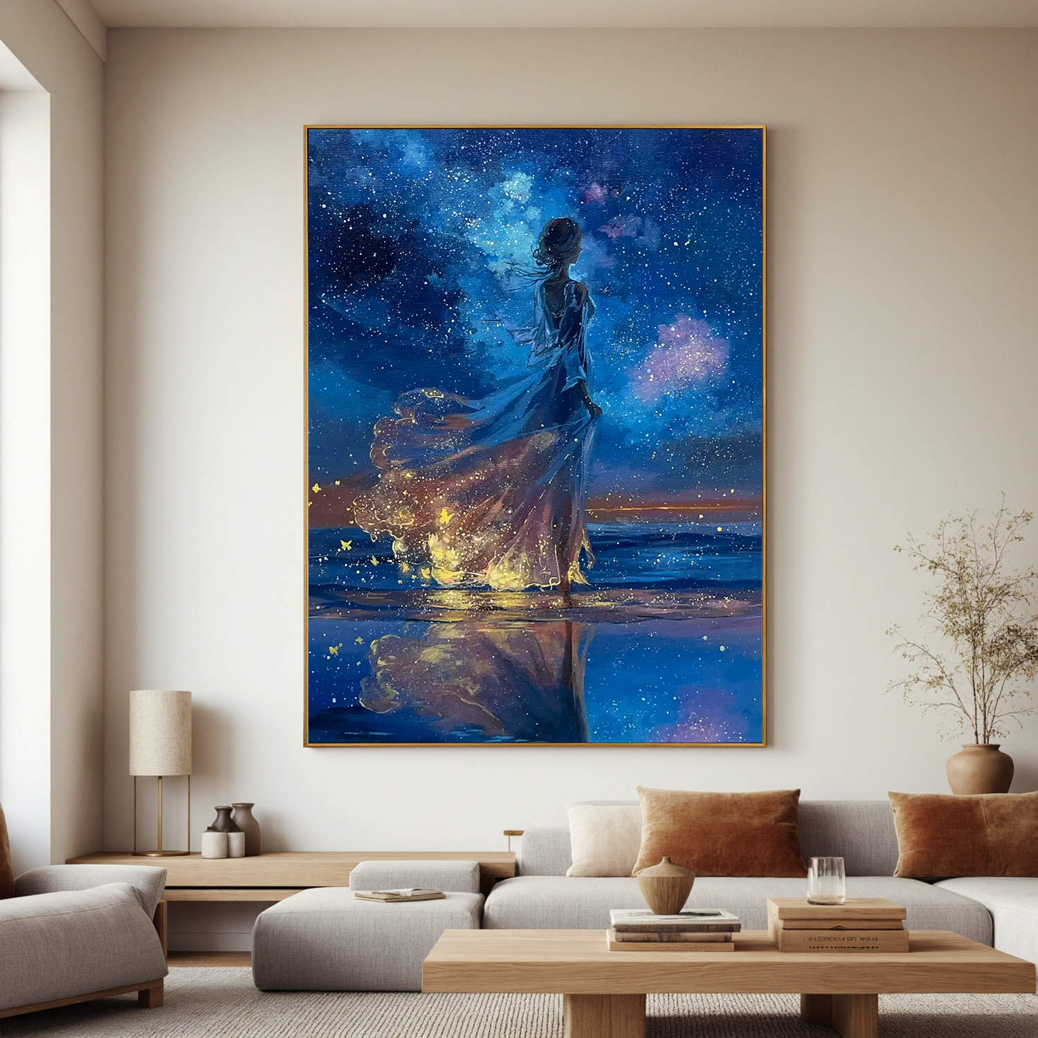 Girl Under Starry Sky Oil Painting, Dreamy Ocean Night Wall Art for Bedroom Decor#OA 0621