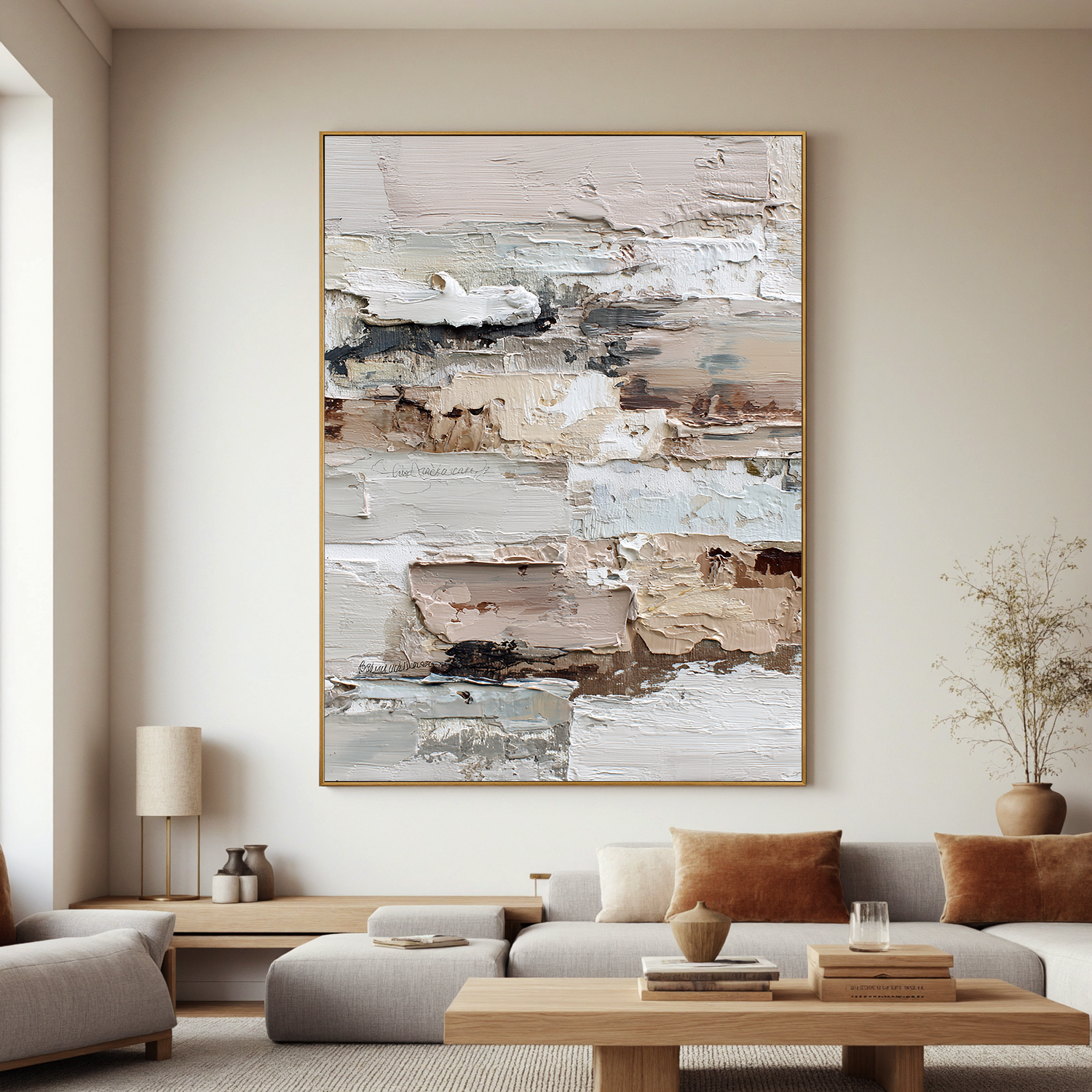 Light Neutral Textured Abstract Wall Art – Beige and White Minimalist Canvas Painting for Modern Living Room Decor#OA 826