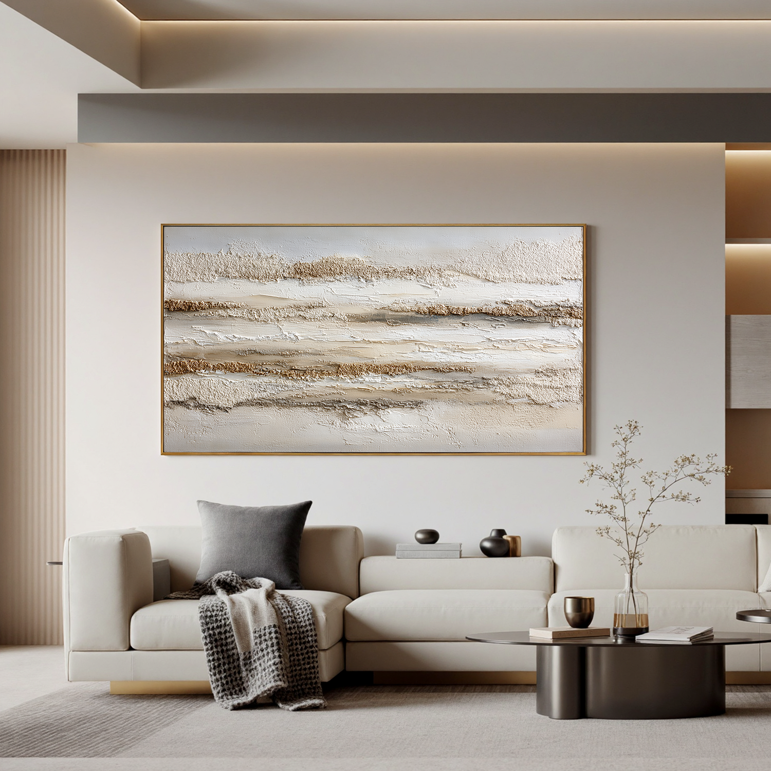 Neutral Textured Abstract Canvas Wall Art – Minimalist Beige Modern Painting for Living Room Decor#OA 0822